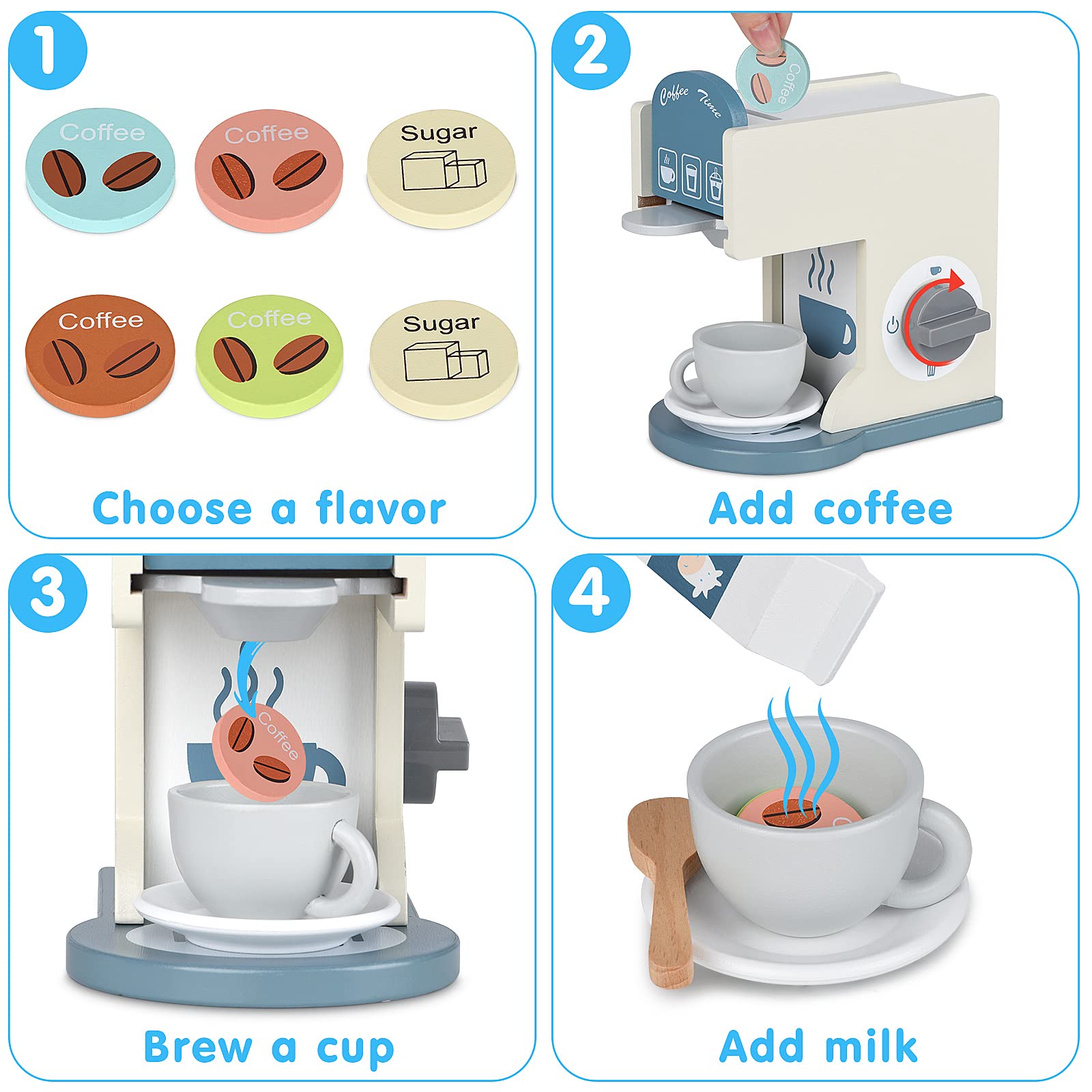 Wooden Toy Coffee Maker for Kids - Pretend Play Espresso Machine, Kitchen Accessories for Girls & Boys (White) - Perfect for Imaginative Play, Role-Playing Games & Early Learning Development
