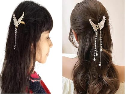2 Pcs Cute Pearl Butterfly & Stone Hair Claw Clips - Elegant Hair Accessories Combo for Women & Girls | Perfect for Parties, Weddings & Daily Hairstyles