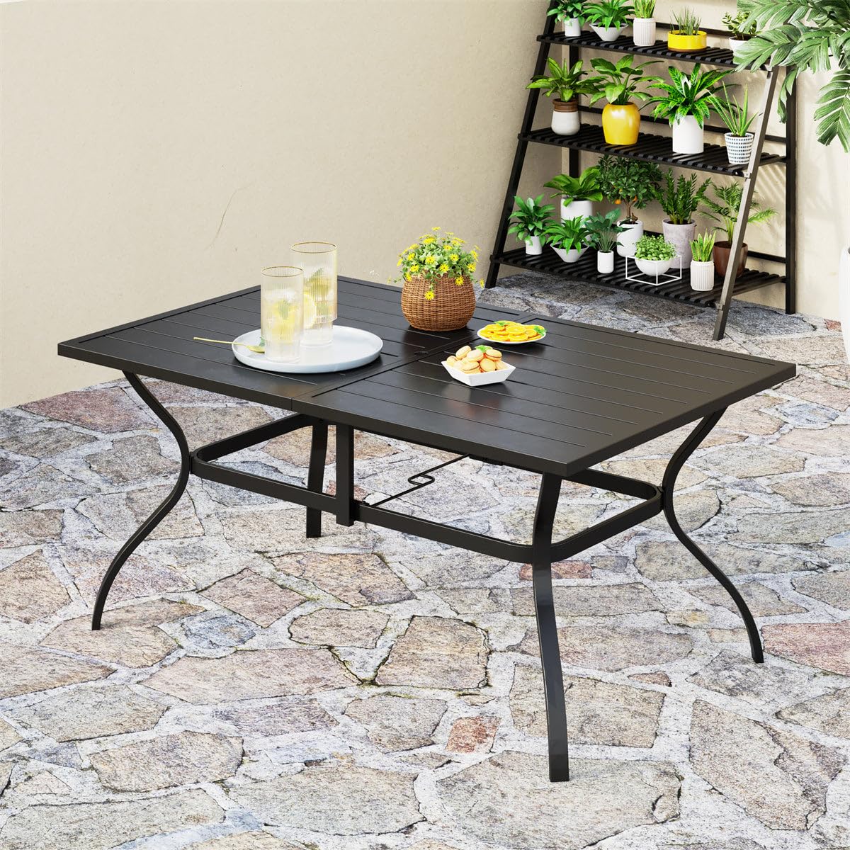 PHI VILLA 60 Inch Outdoor Patio Dining Table - Large Rectangle Table for 6-8 People with Umbrella Hole - Classic Black - Perfect for Backyard, Garden, Poolside & Outdoor Entertaining