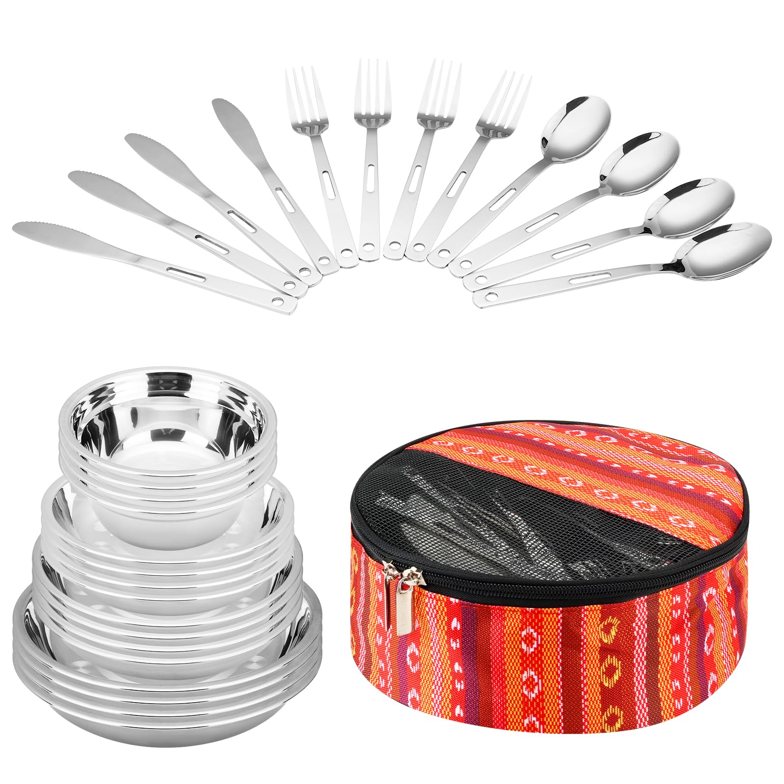 **28-Piece Camping Mess Kit - Lightweight Portable Dinnerware Set with Bowls, Plates, Knives, Forks & Spoons | Perfect for Outdoor Camping, Hiking, Picnics & Backpacking Trips**
