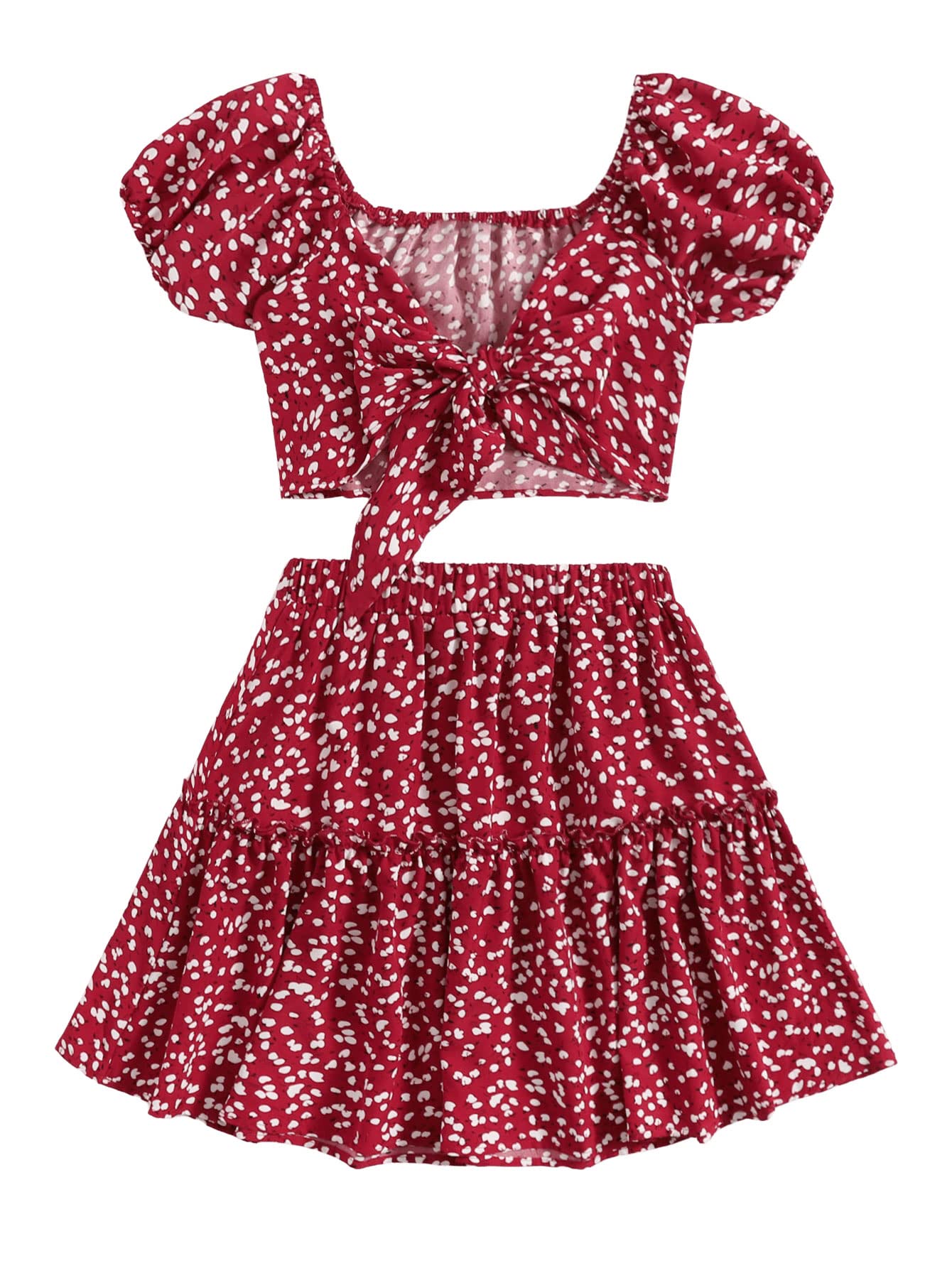 SweatyRocks Women's 2 Piece Summer Outfit - Knot Front Crop Top & Ruffled Skirt Set | Casual Beachwear, Vacation Outfit, Street Style Fashion