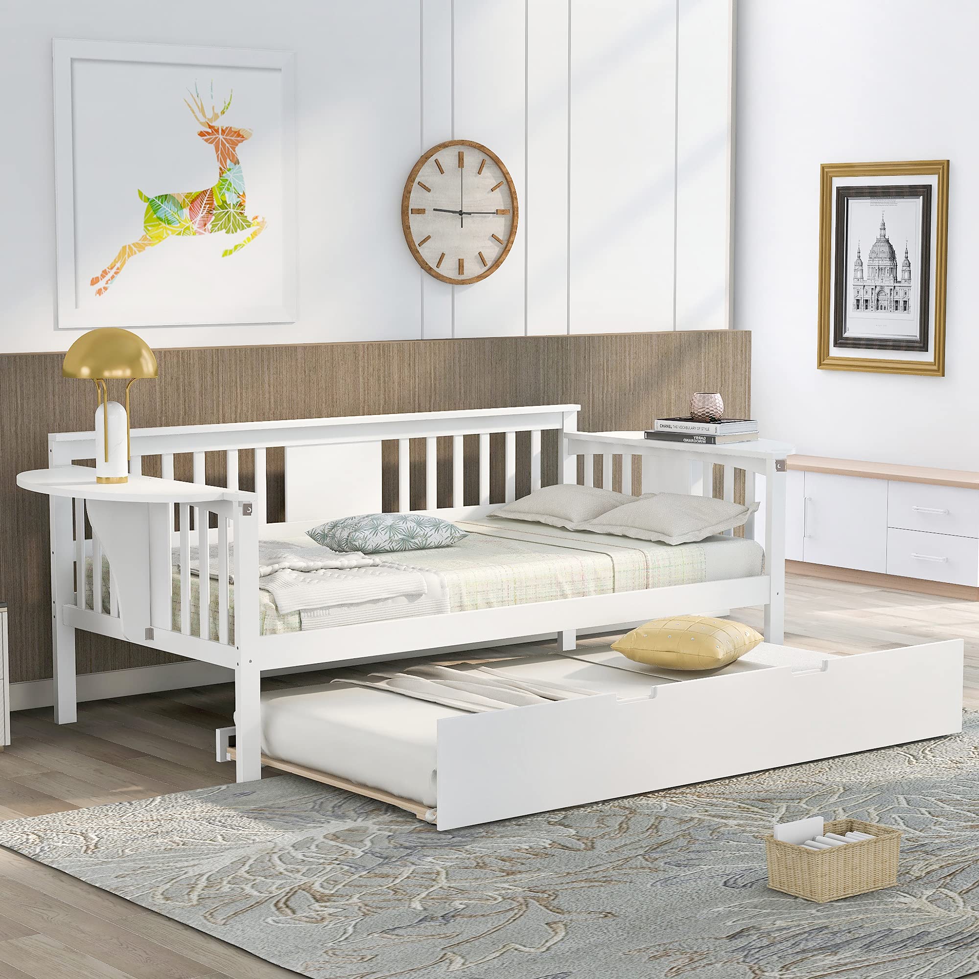 P PURLOVE Twin Daybed with Trundle - Solid Wood Frame, No Box Spring Needed, Includes 2 Folding Side Tables - Perfect for Small Spaces, Guest Rooms, Dorm Rooms & Living Rooms (White)