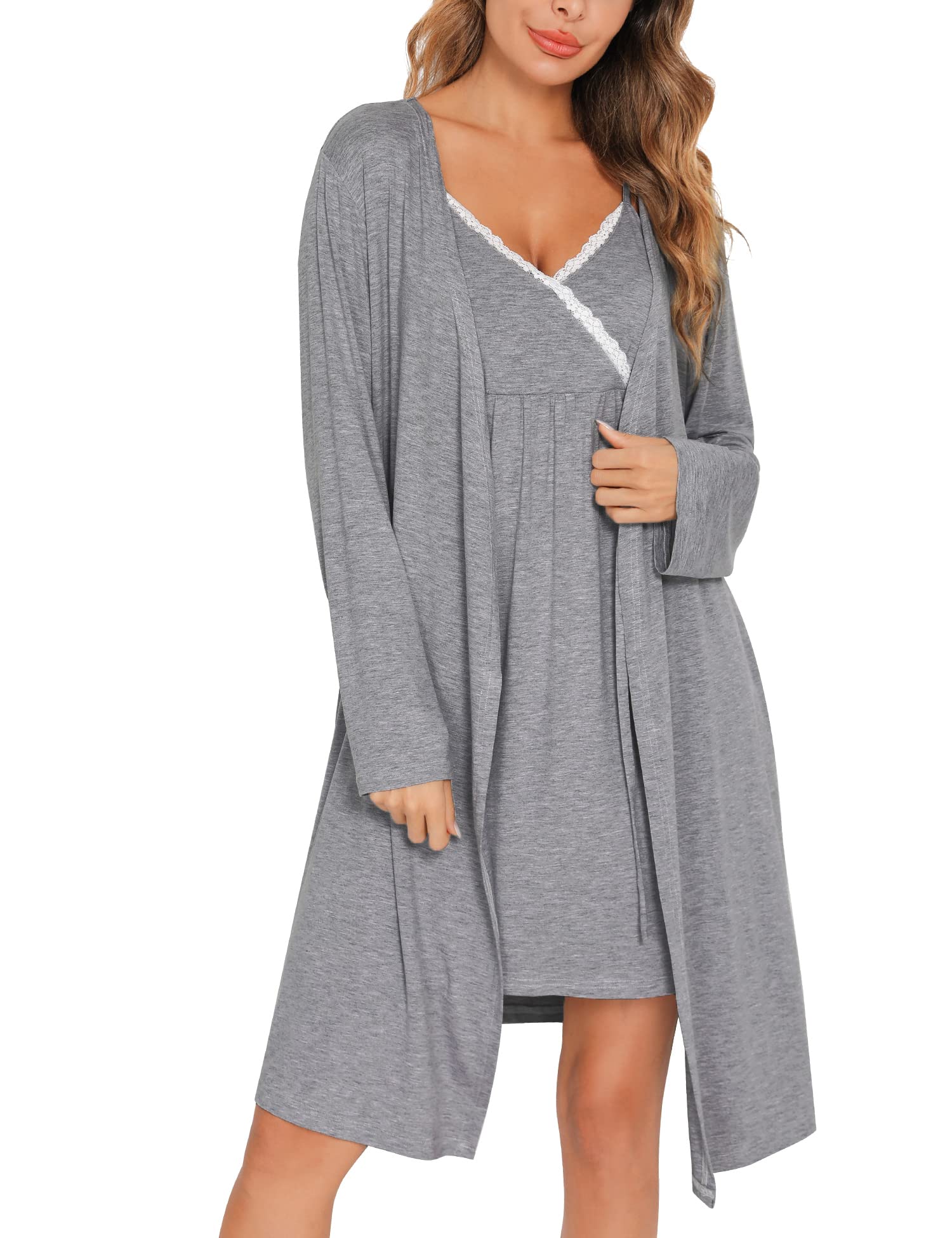 SWOMOG Women's 2-Piece Maternity Robe & Nursing Nightgown - 3-in-1 Breastfeeding Dress with Lace Trim for Labor, Delivery & Postpartum - Soft Nursing Pajama Set for Hospital, Home & Nursing Comfort