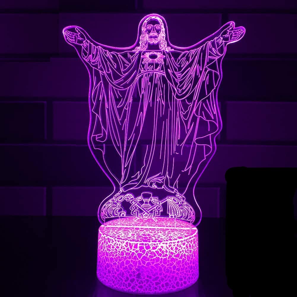 3D Jesus Night Light Lamp - 7 Color Changing LED Illusion Light with Touch Switch, USB Powered Acrylic Table Desk Decor for Home, Bedroom, Office - Perfect Gift for Christmas, Birthday, and Religious Occasions