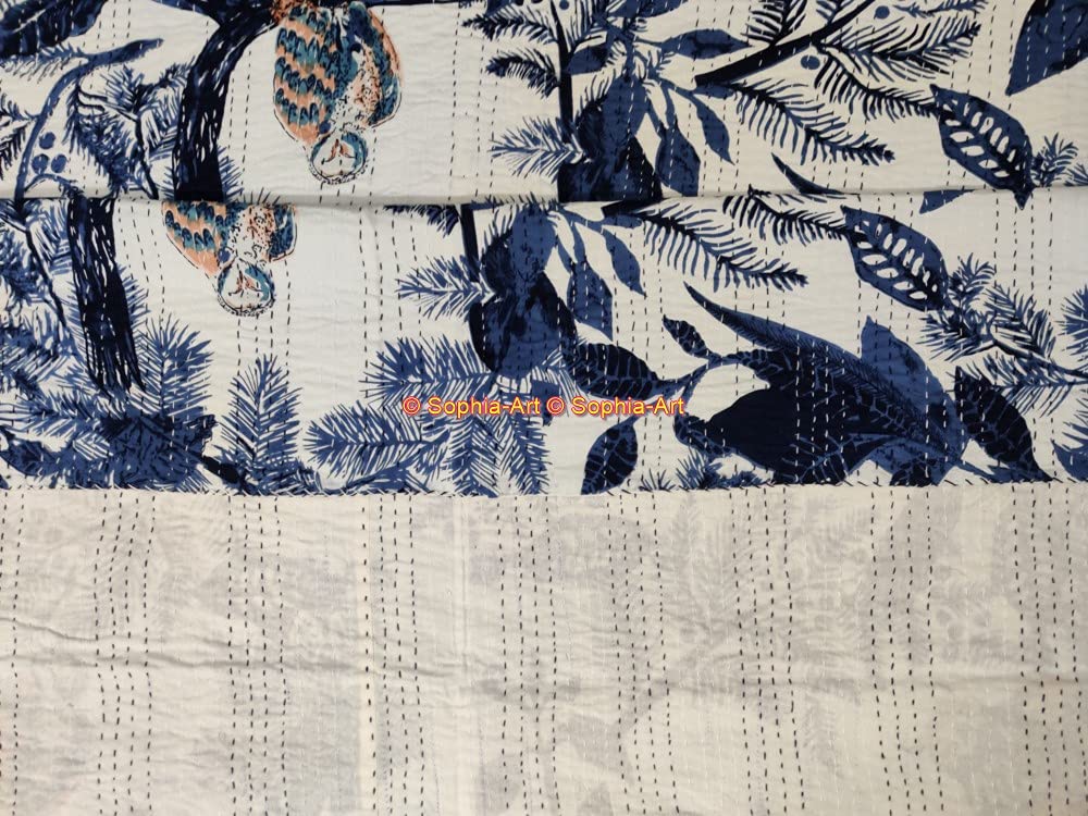 Sophia-Art Handmade Indian Owl Printed Kantha Quilt - 100% Cotton King Size Blanket (90