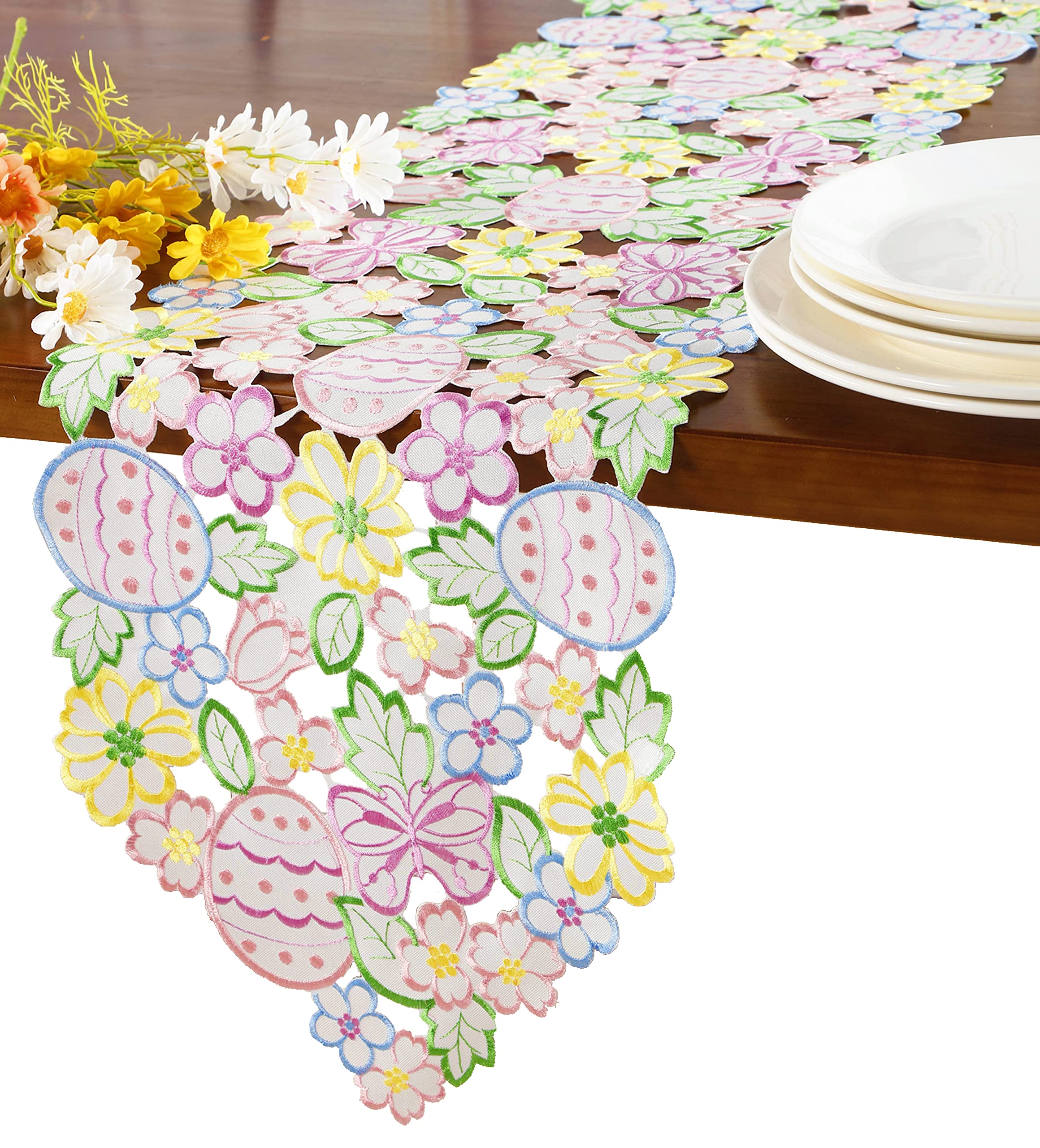 Easter Eggs Floral Table Runner 13×54 Inches - Spring Holiday Home Decor with Cutwork Embroidery, Butterflies & Flowers - Perfect for Kitchen, Dining Table, Dresser & Easter Celebration Decoration
