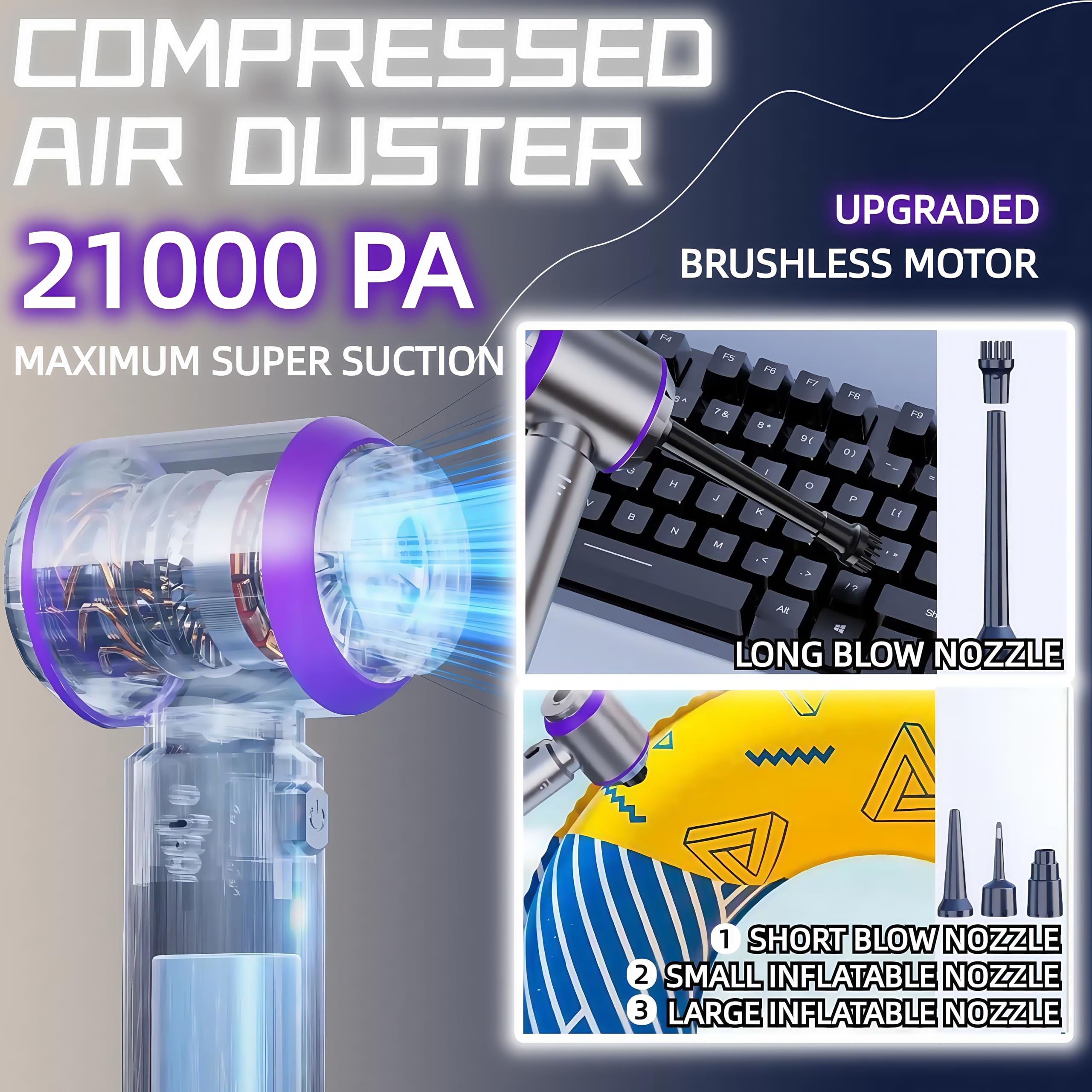 21000PA Rechargeable Cordless Handheld Car Vacuum Cleaner - High Power Mini Vacuum & Blower 2-in-1 with 3 Speed Modes, Brushless Motor for Car Detailing, Home Cleaning, Office & PC Maintenance | Perfect for Quick Spills, Pet Hair Removal & Dusting