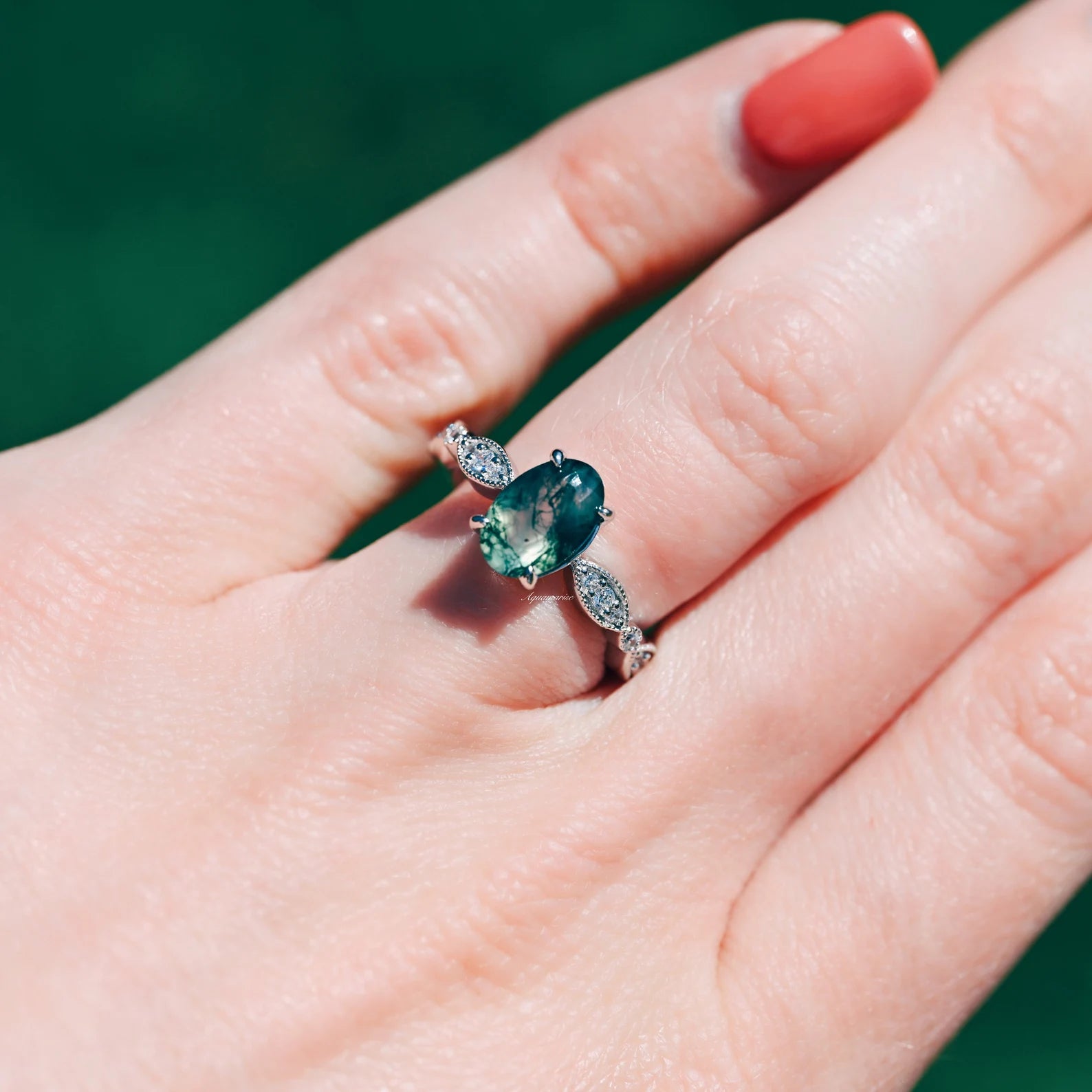 Kylie Art Deco Green Moss Agate Ring - Sterling Silver Jewelry for Women, Vintage Style Statement Ring for Parties & Special Occasions