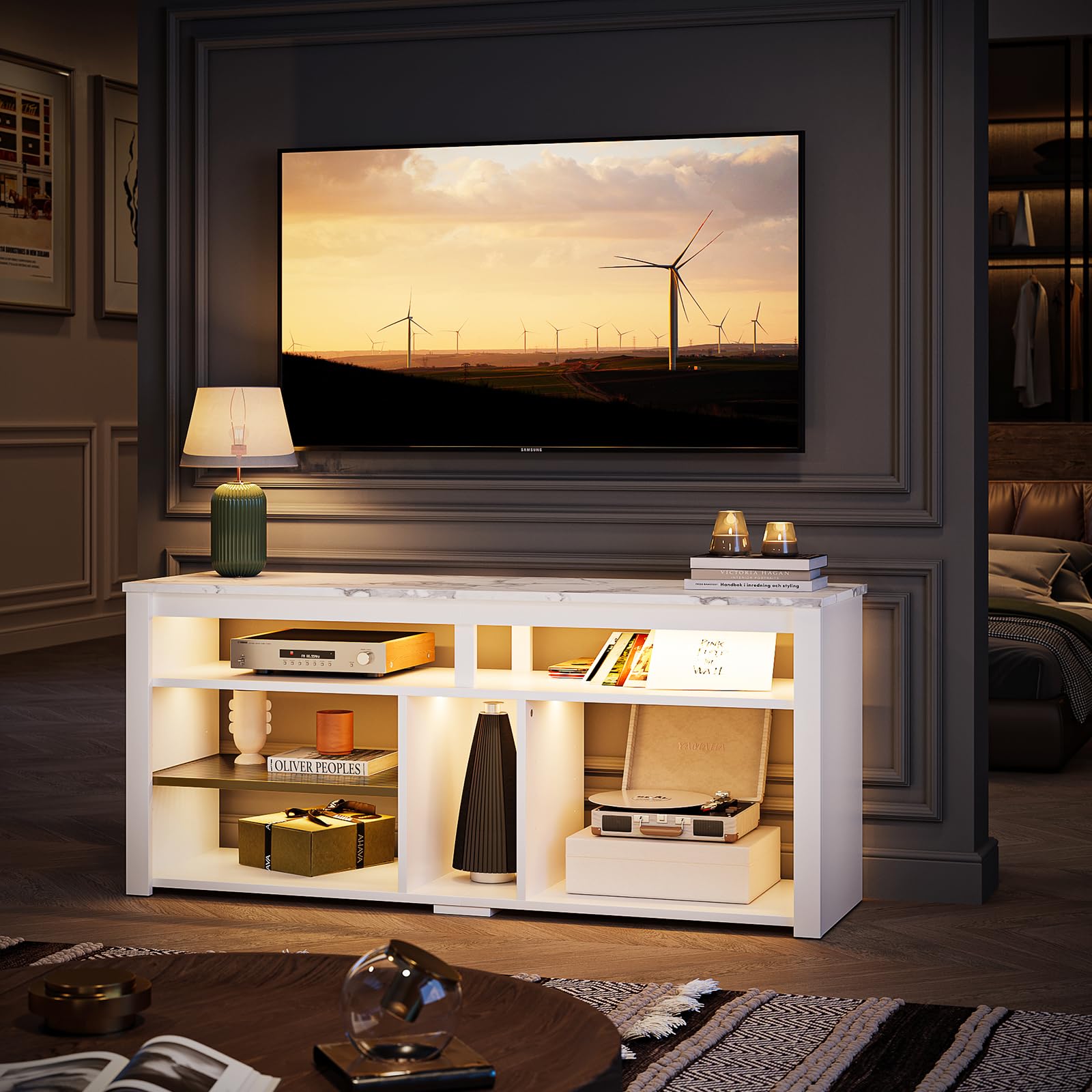 Bestier 55 inch LED TV Stand with Storage - Entertainment Center for PS4, Xbox, 60/65 inch TVs - Adjustable Shelf Media Console - White Marble TV Cabinet for Living Room, Bedroom & Game Room