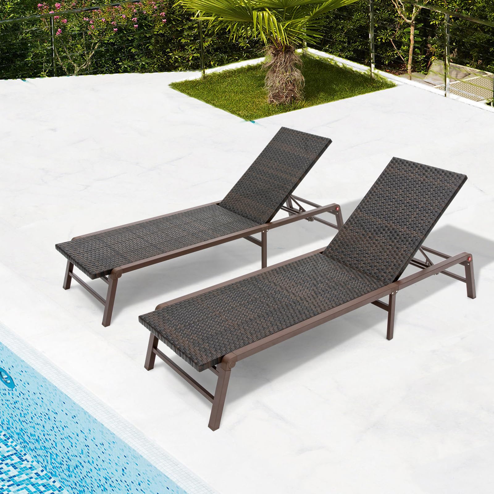 2-Piece Outdoor Chaise Lounge Set - No Assembly Aluminum Poolside Sunbathing Chairs, Patio Recliners with Flat Lay Design in Rattan Brown - Perfect for Backyard Relaxation, Beach Lounging & Resort-Style Sunbathing