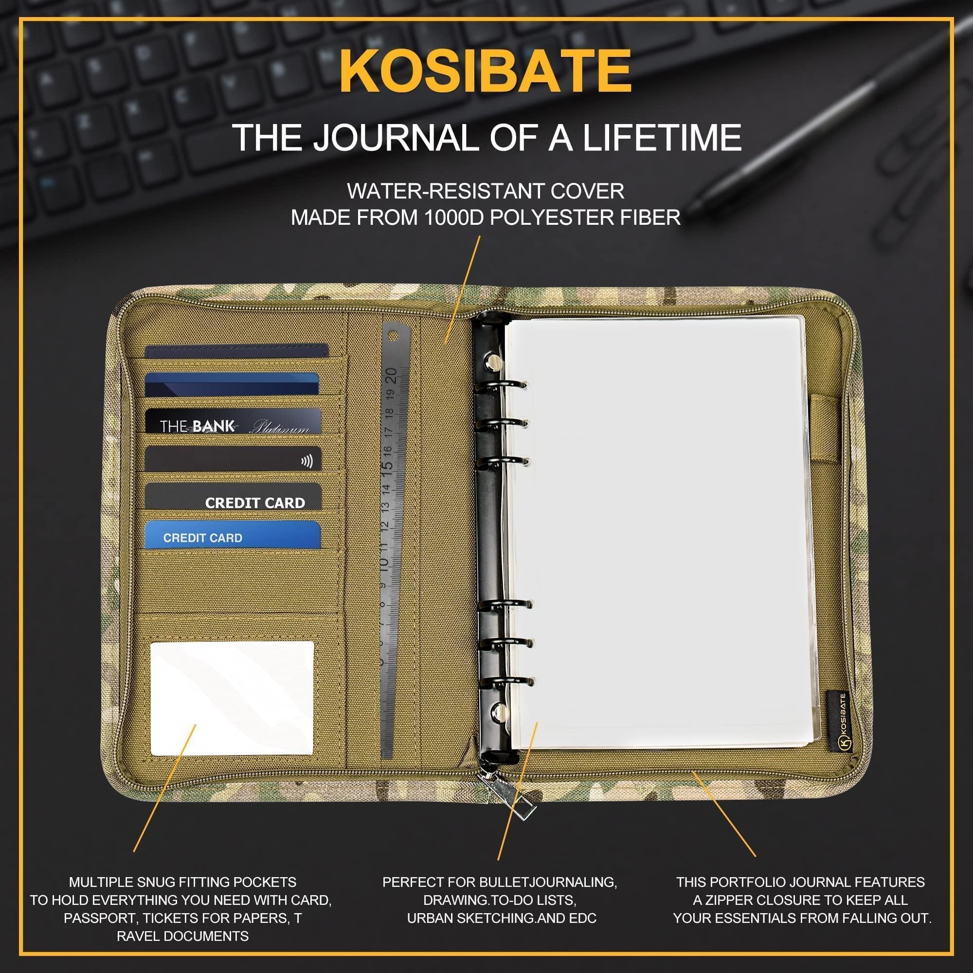 Kosibate 7.3x10.1 Inch Zippered Padfolio - 6-Ring Binder with 80 Sheets (160 Pages) Refillable Loose-Leaf Paper, Weatherproof Tactical Notebook Cover for Folders & Cards | Perfect for Business Meetings, School, Office & Travel Organization
