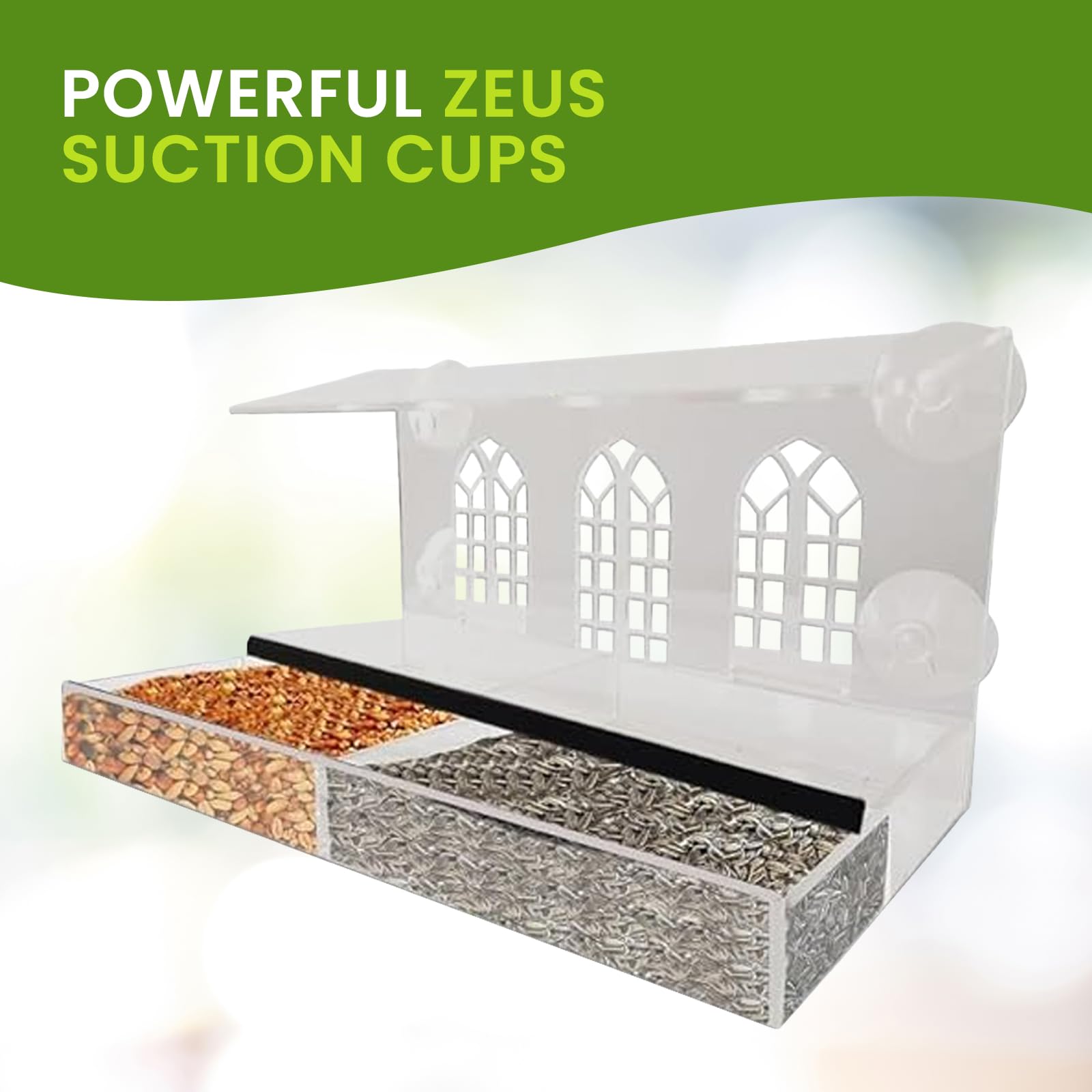 Nature Gear Acrylic Clear Window Bird Feeders - Weather Resistant, Easy to Clean with Sliding Tray & Strong Suction Cups - Perfect for Bird Watching at Home, Office, or Garden