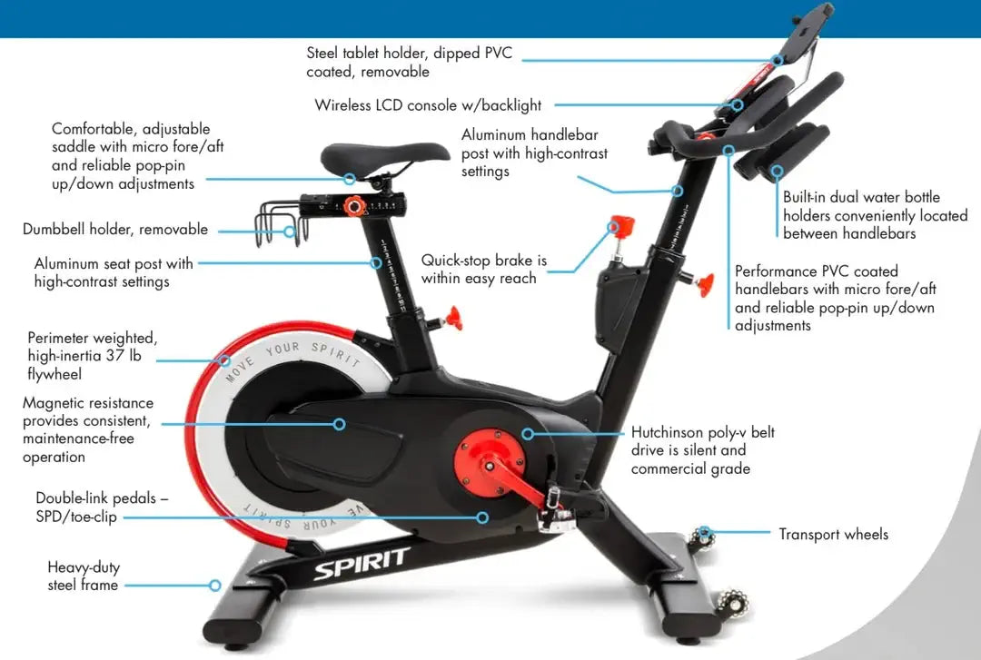 Spirit SB850 Commercial Indoor Exercise Bike - Heavy Duty Stationary Bike for Home & Gym Workouts - Perfect for Cardio Training, Spin Classes & Indoor Cycling