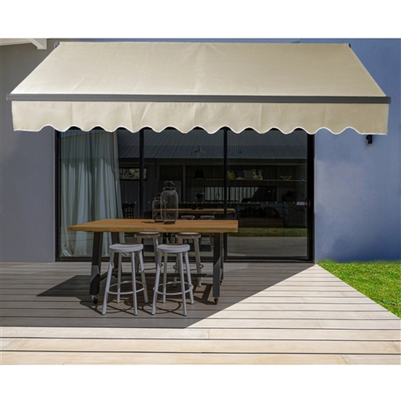 Aleko 20x10 Feet Motorized Retractable Patio Awning with Black Frame in Ivory - Perfect for Outdoor Shade, Backyard Relaxation, and Deck Protection
