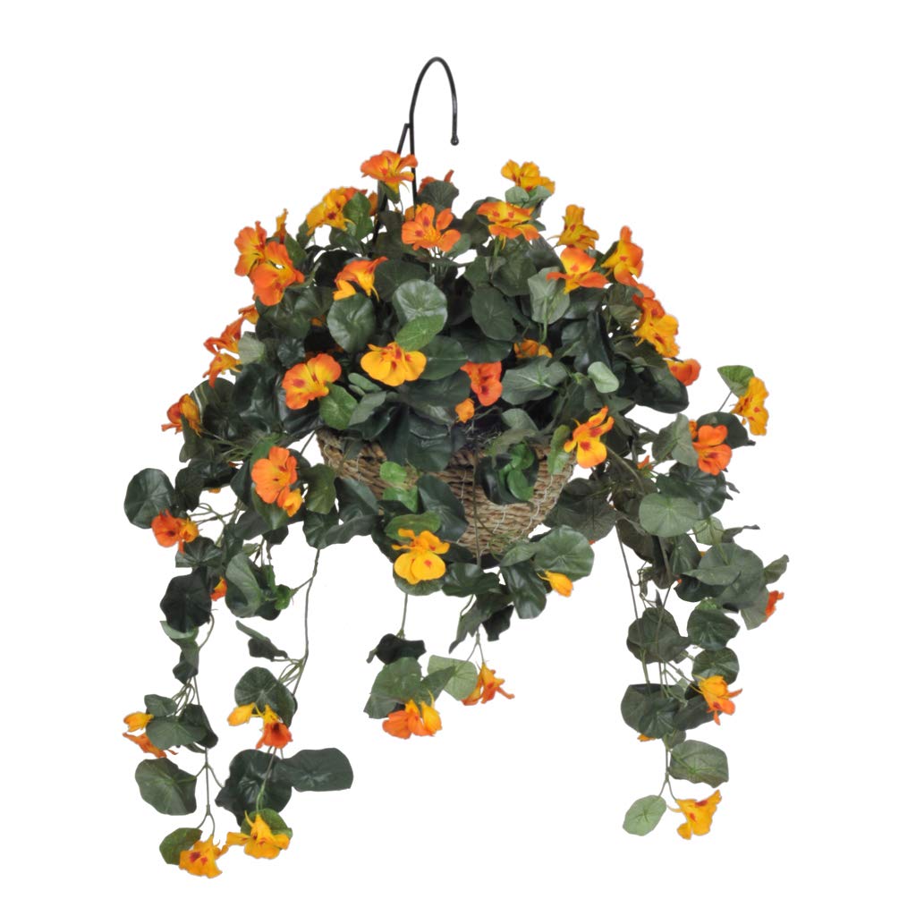 Artificial Orange Yellow Nasturtium Water Hyacinth Hanging Basket - Silk Flower Arrangement for Home & Garden Decor - Perfect for Porch, Patio, and Indoor Plant Displays