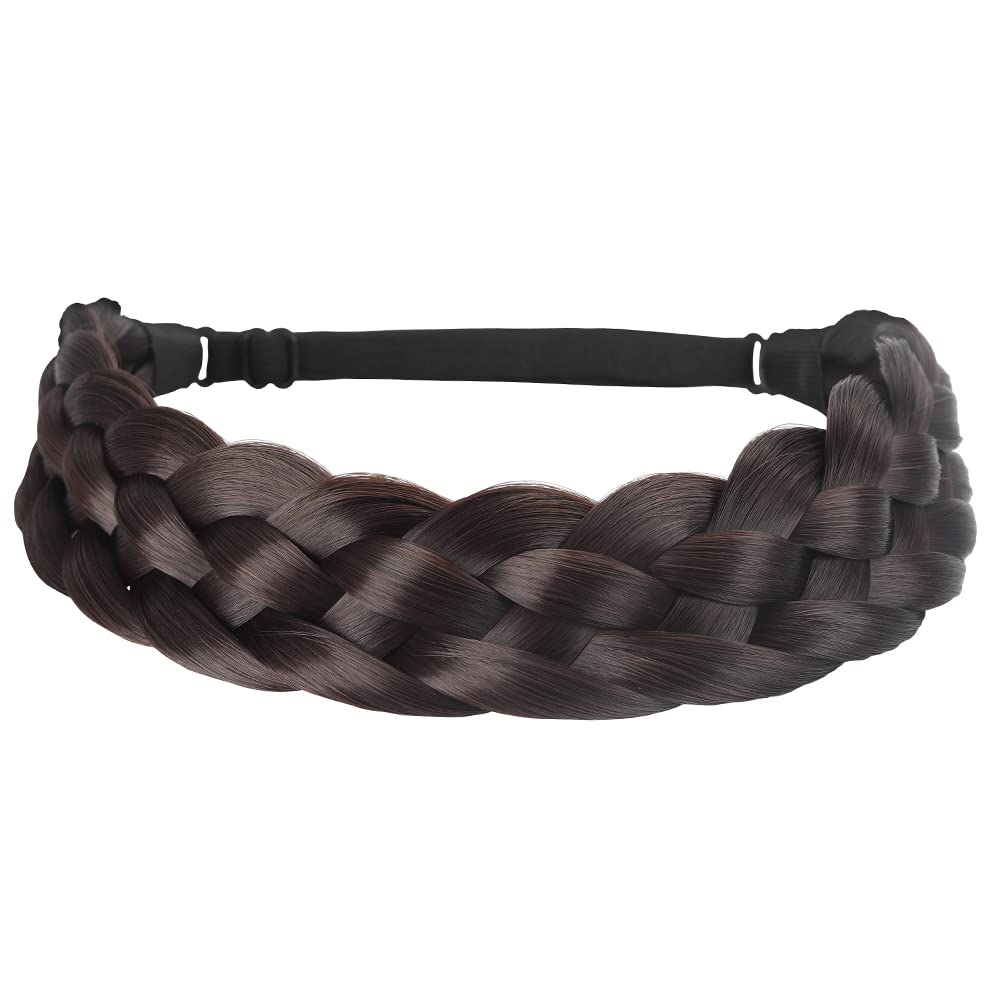 Coolcos 5 Strands Elastic Synthetic Chunky Hair Braid Headband - Dark Brown Plaited Braided Hair Accessory for Women | Perfect for Yoga, Workouts, and Casual Everyday Wear
