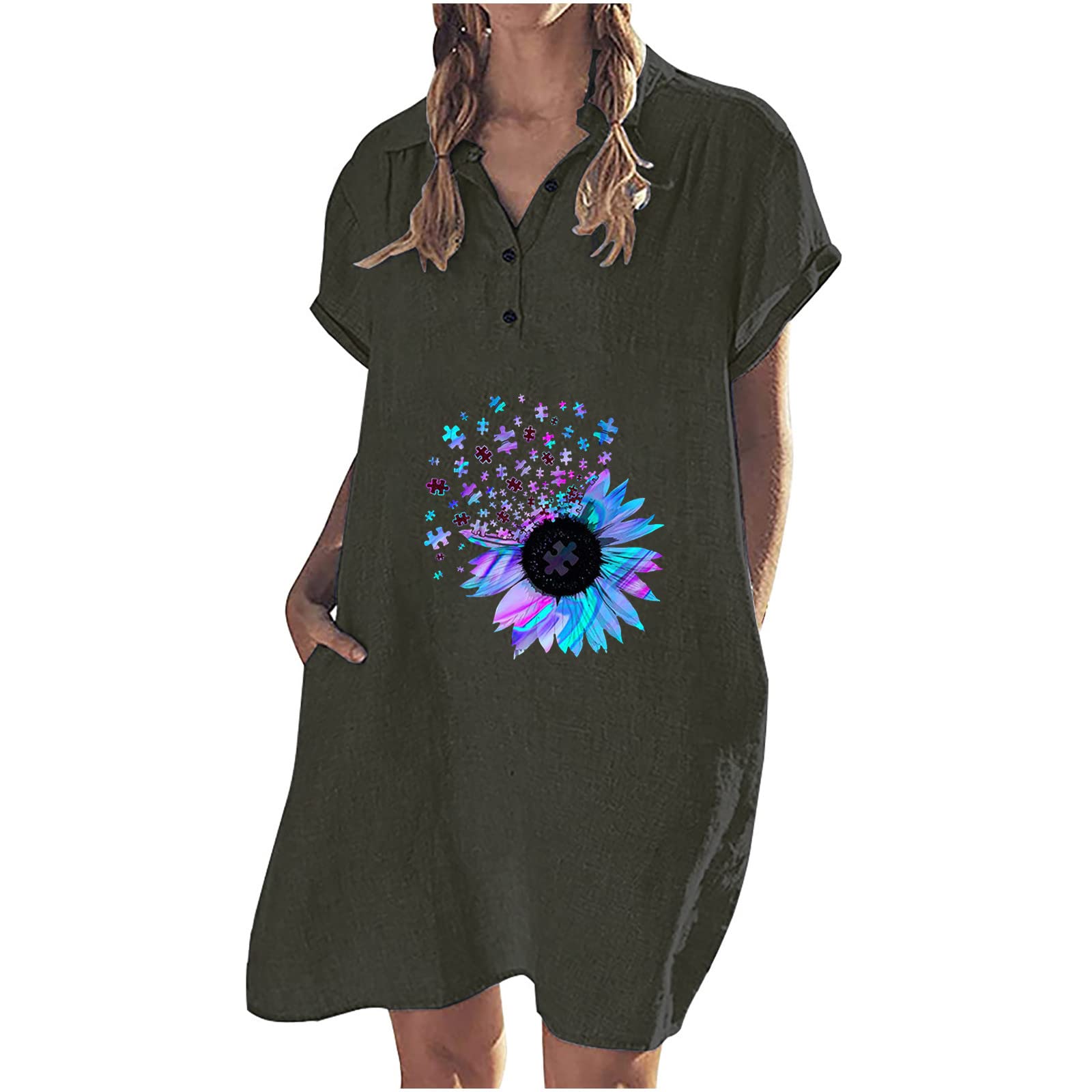Yomiee Women's Cotton Linen Summer Dress - Short Sleeve Lapel Button Down Solid Color Casual Dress | Perfect for Beach Vacation, Brunch & Summer Outings