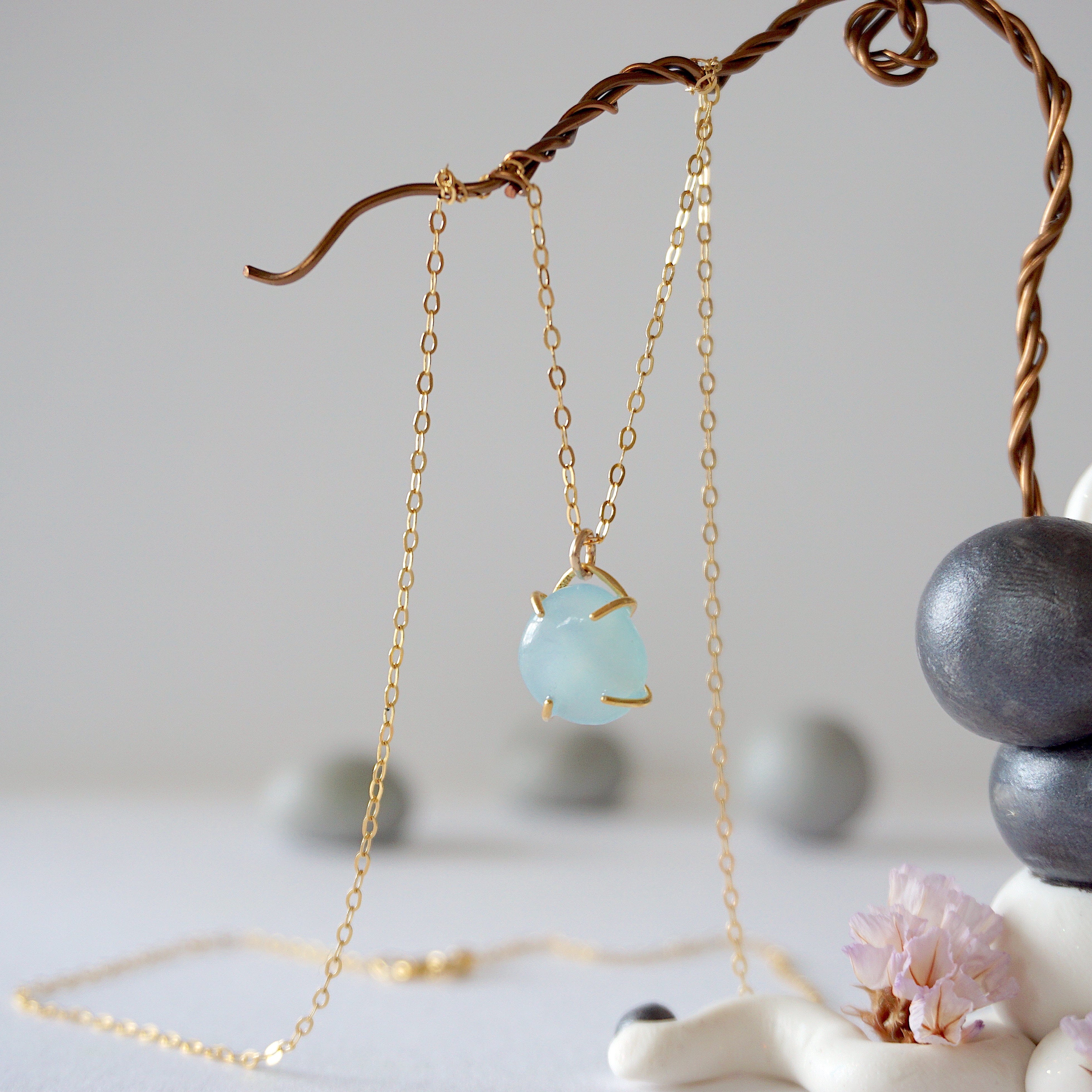 14K Gold Filled Aquamarine Huggie Charm Necklace for Women - Dainty Layering Jewelry for Everyday Wear, Gift for Her, Birthday & Anniversary Present
