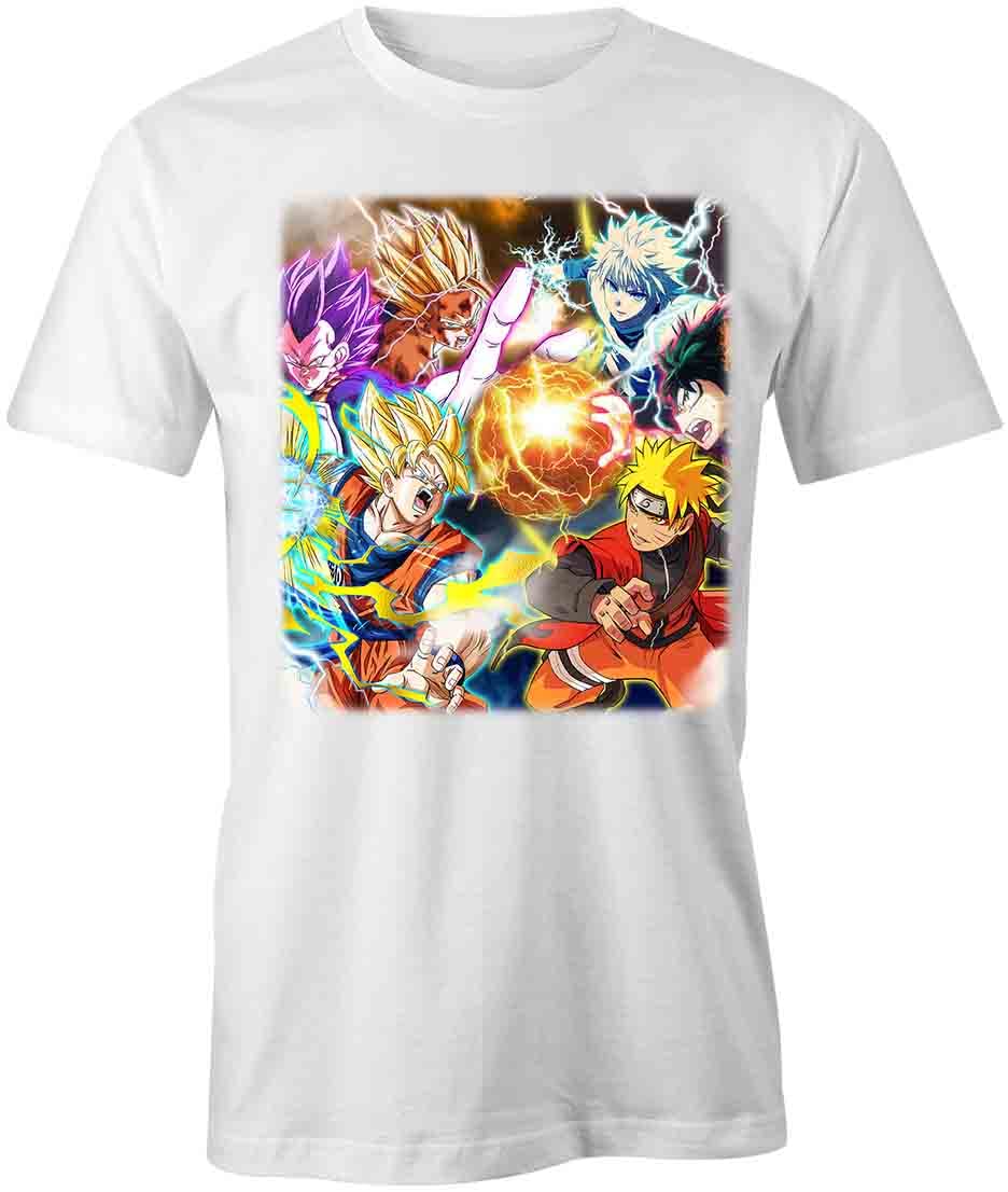 Anime Mashup Graphic T-Shirt - White Printed Tee with Japanese Cartoon Designs | Casual Wear for Anime Fans, Cosplay Events & Pop Culture Enthusiasts
