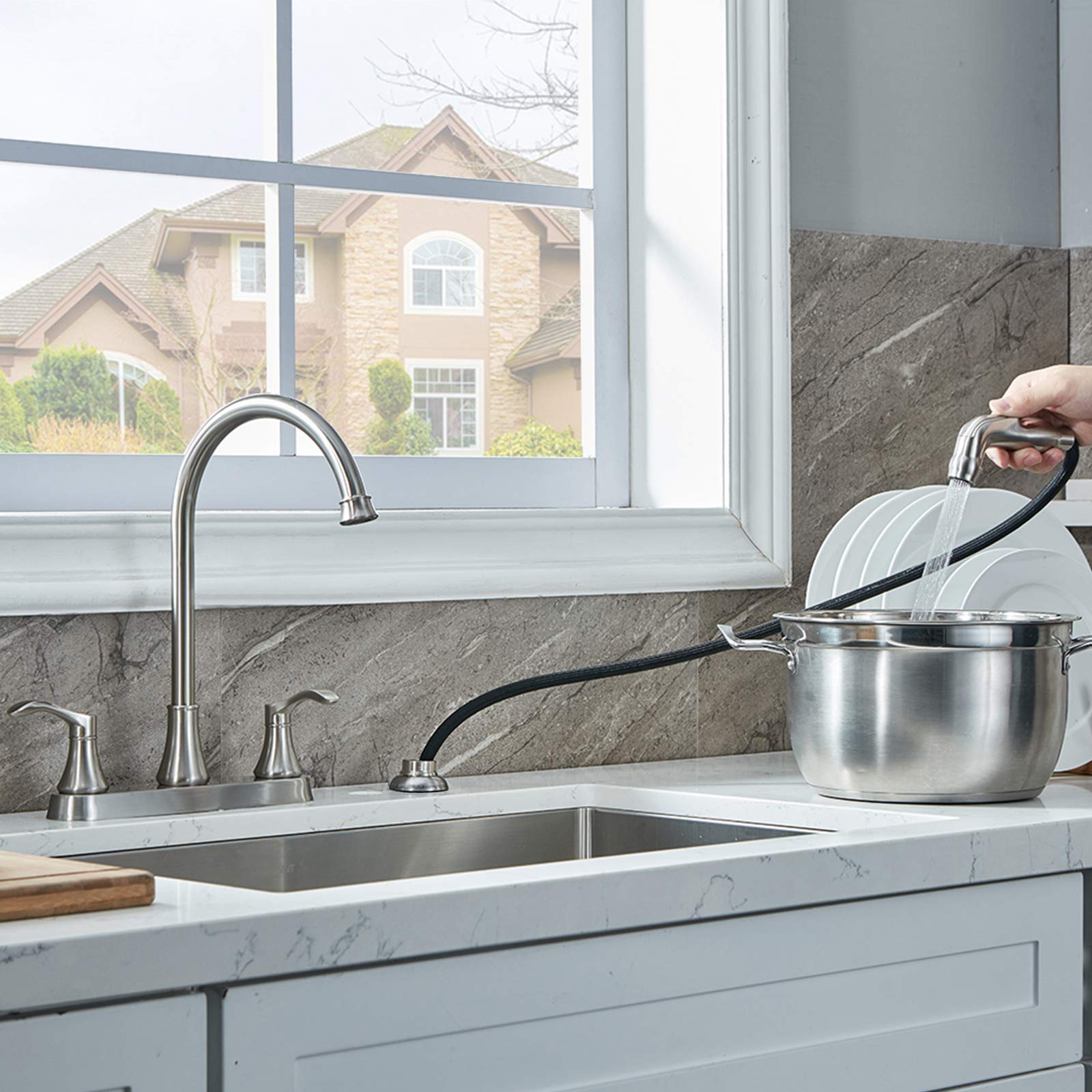 Brushed Nickel RV Kitchen Faucet with Side Sprayer - High-Arc Spout for Sinks