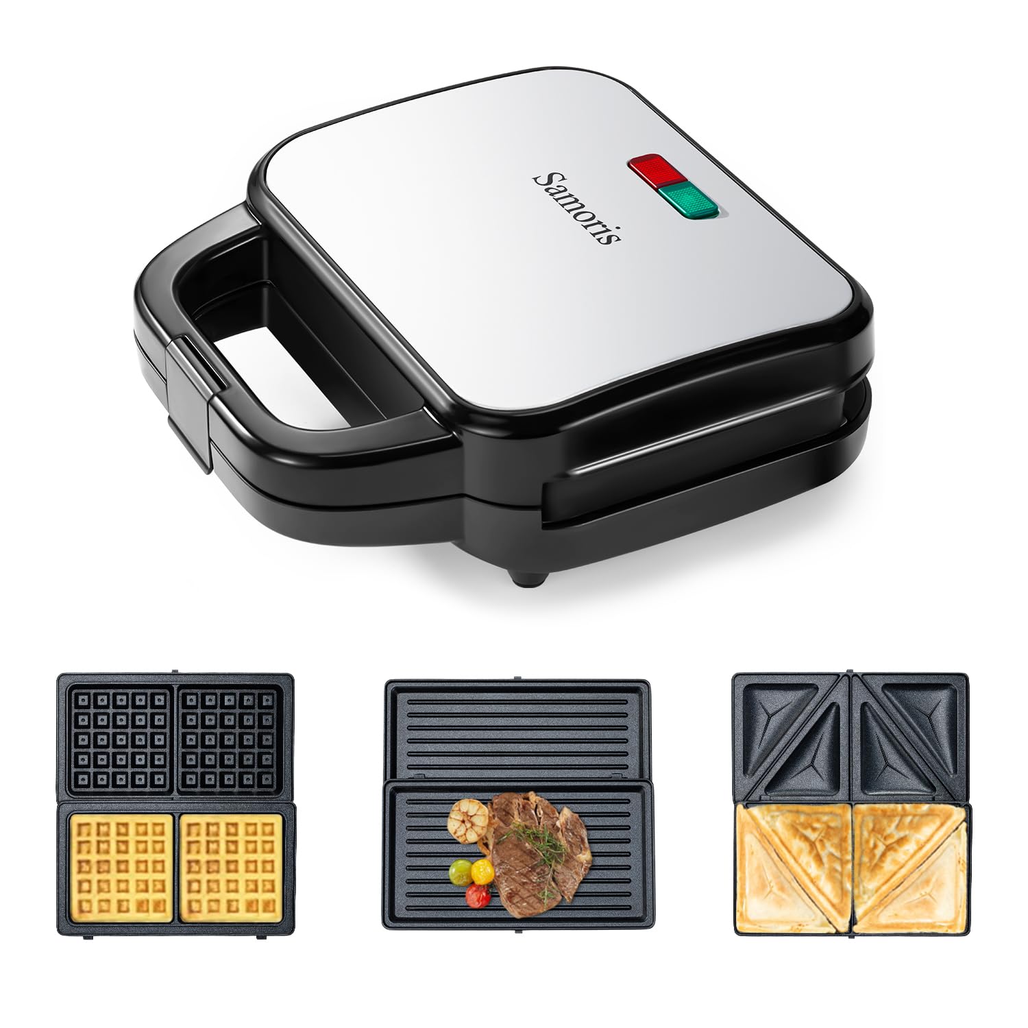 Samoris 3-in-1 Sandwich Maker & Waffle Iron with 6-Slice Non-Stick Removable Plates - 870W Electric Grill for Grilled Cheese, Burgers, Steaks & Tuna Melts - Easy to Clean Indoor Cooking Appliance (Black/Silver) - Perfect for Breakfast, Camping & Small Kitchen Spaces