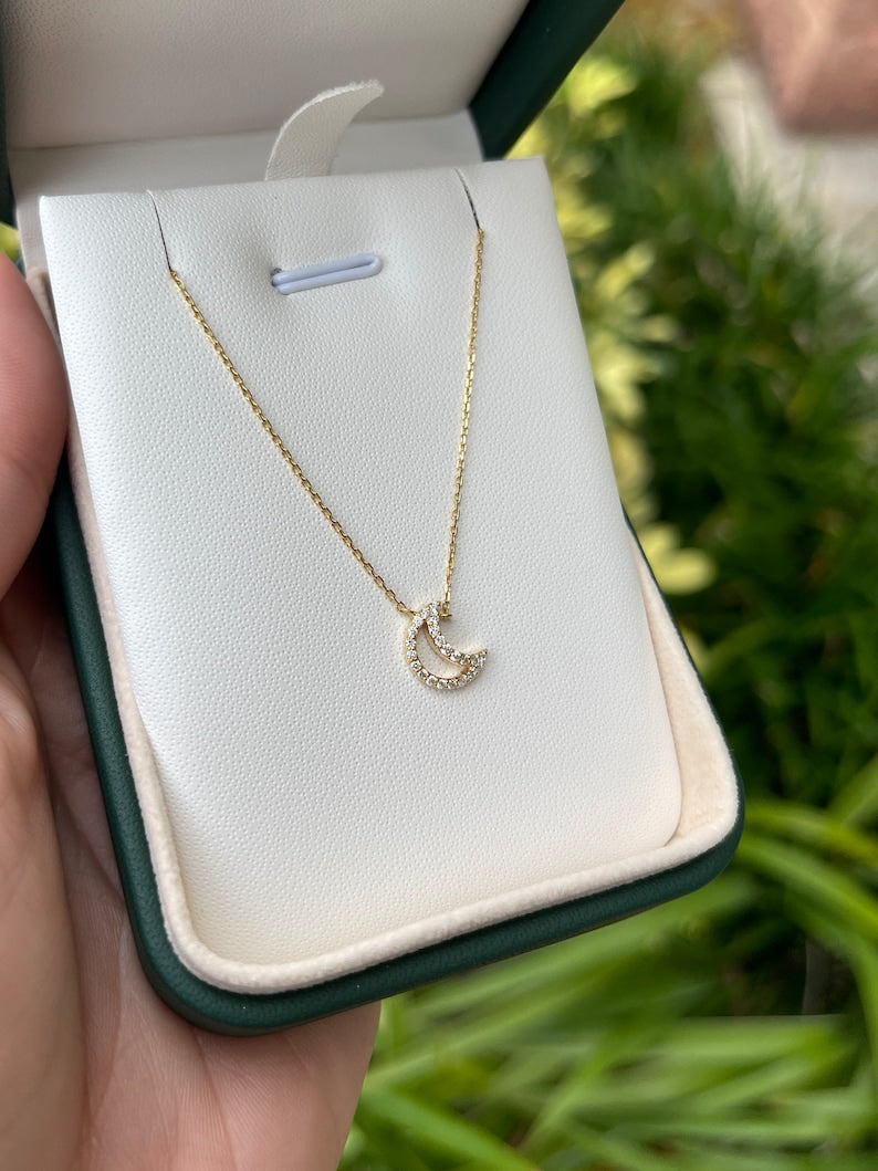 0.20tcw Natural Diamond Moon Crescent Pendant Necklace in 14K Gold - Elegant Cable Chain for Women's Everyday Wear & Special Occasions
