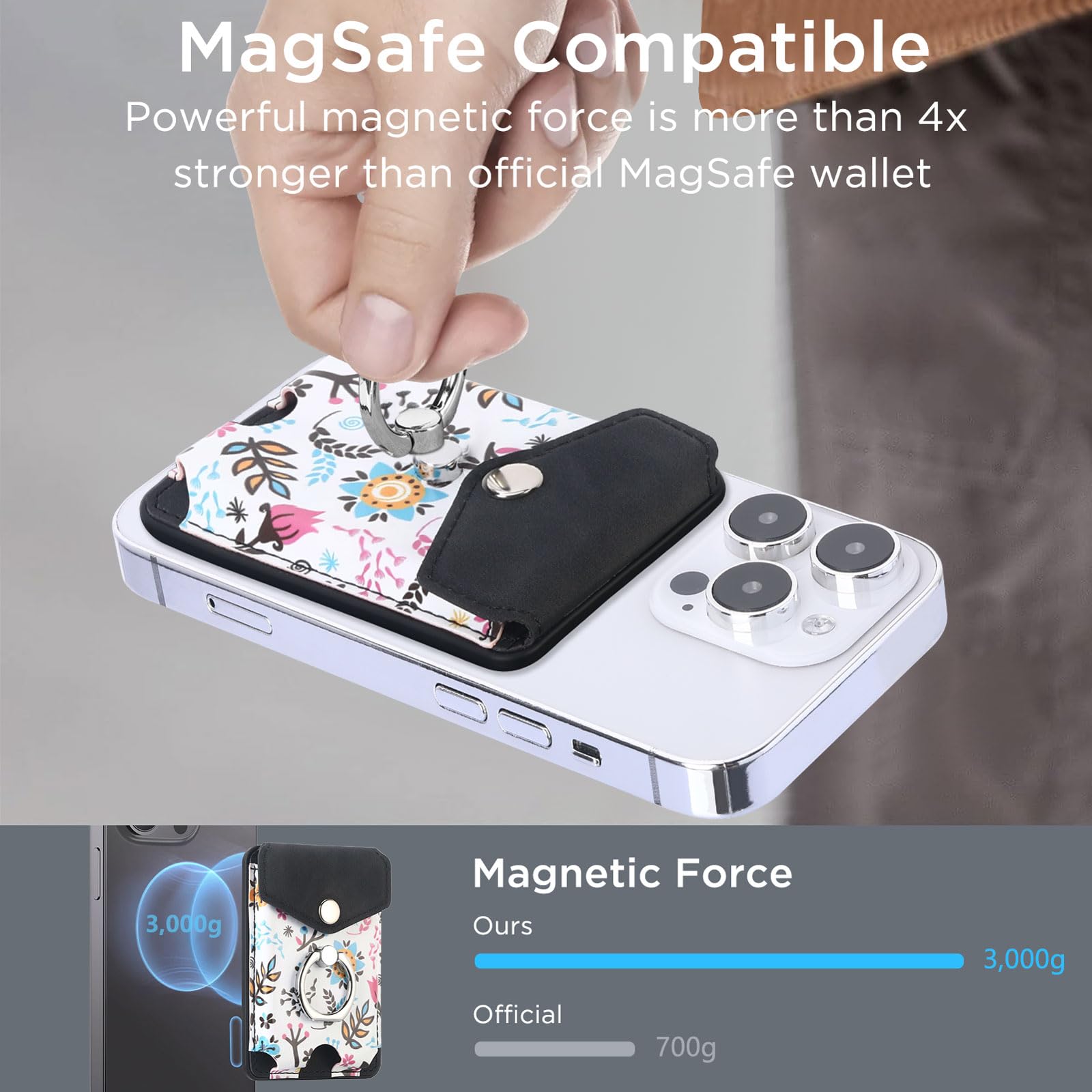 Magnetic Leather Wallet for iPhone 15/14/13/12 Series - Slim RFID Blocking MagSafe Wallet with Ring Holder | 3 Card Holder | Perfect for Daily Use, Travel & Hands-Free Convenience (Black)