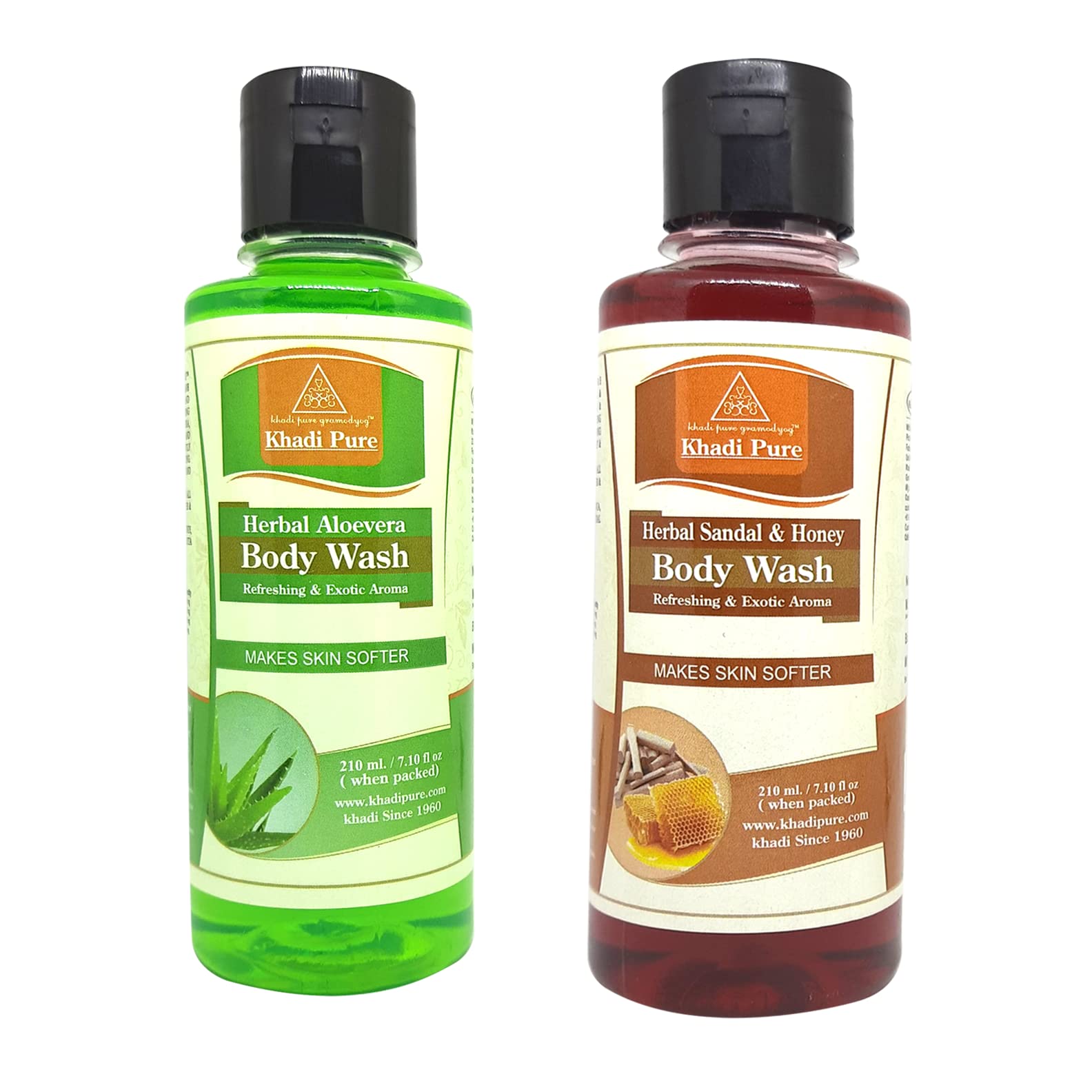 Khadi Pure Aloe Vera & Sandal Honey Body Wash - 210ml (Pack of 2) | Natural Moisturizing & Soothing Body Cleanser for Dry & Sensitive Skin | Perfect for Daily Shower & Spa Relaxation