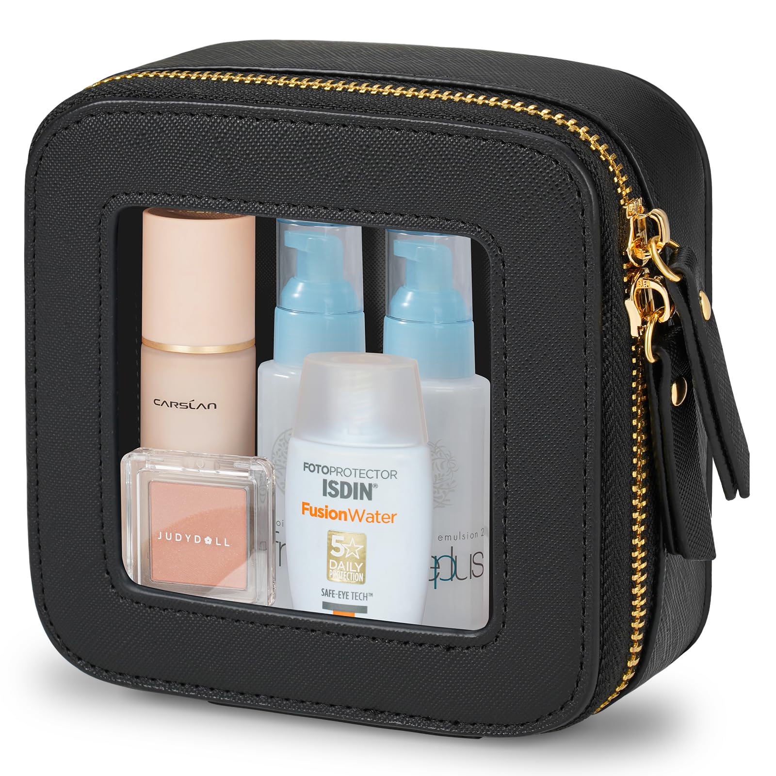 Mini Makeup Bag for Women - Waterproof Travel Cosmetic Organizer with Clear Windows & Gold Zippers | Small Toiletry Bag for Purse, Gym, Airplane Carry-On (Black, Mini)