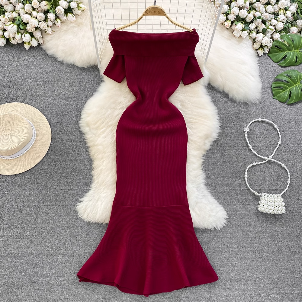 Elegant Off Shoulder Ruffled Knitted Mermaid Evening Dress for Women - Summer Formal Gown 1312 | Perfect for Prom, Cocktail Party & Beach Wedding