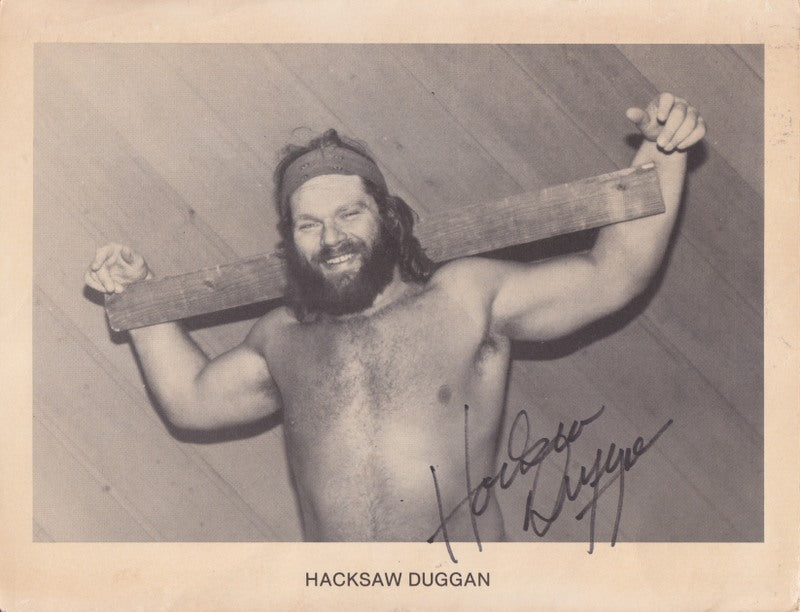 Vintage 1980s Mid South Wrestling Hacksaw Jim Duggan Signed 8.5x11 Promo Photo - Authentic Collectible Memorabilia for Wrestling Fans & Sports Decor