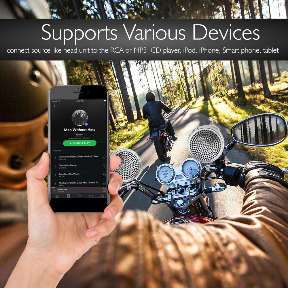 Pyle PLMCA90 1200W Waterproof Motorcycle & ATV Amplifier with Dual Handlebar Speakers, MP3/iPod Input & USB Charger (4-Piece Set) - Perfect for Off-Road Adventures & Long Rides