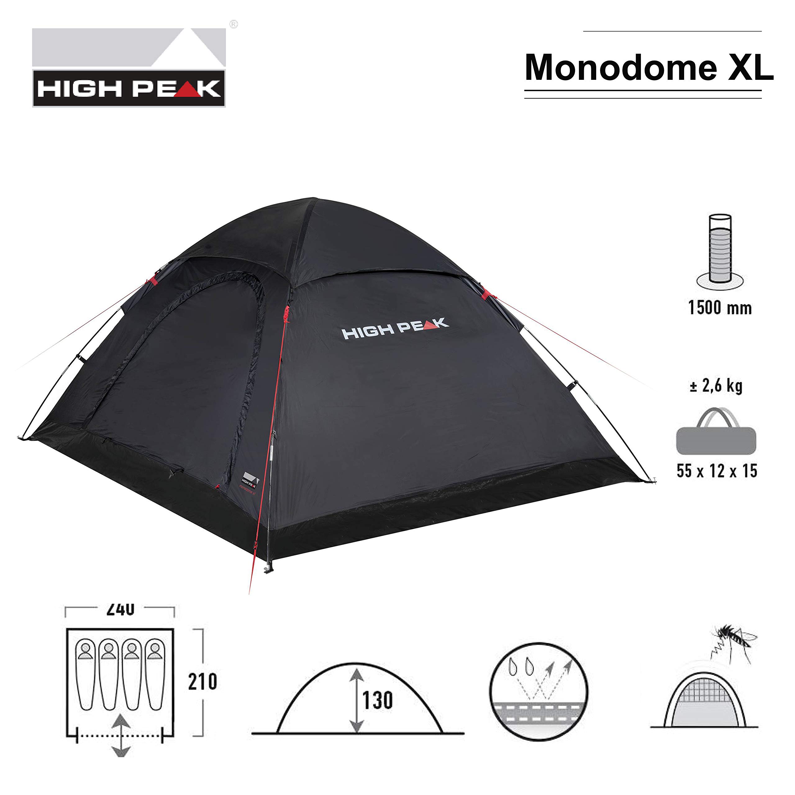 High Peak Monodome XL 4-Person Camping Tent - Lightweight Dome Tent with Bathtub Floor for Outdoor Adventures, Festivals & Family Camping Trips