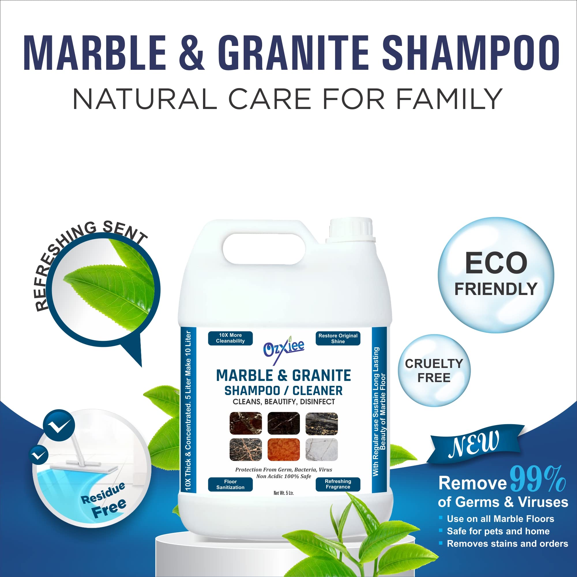 Ozxiee Marble & Granite Floor Cleaner Shampoo (5L) - Professional Deep Cleaning Solution for Streak-Free Shine | Perfect for Kitchen, Bathroom & High-Traffic Marble Floors