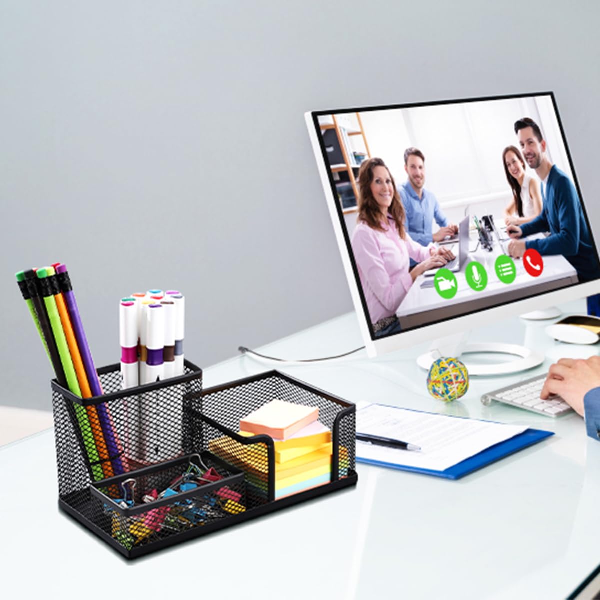 2-Pack Black Mesh Metal Pen Holder for Desk - Pencil Cup, Marker Organizer with Sticky Notes Holder - Perfect for Office, School, Home & Workspace Organization (Desk Caddy, Office Supplies)