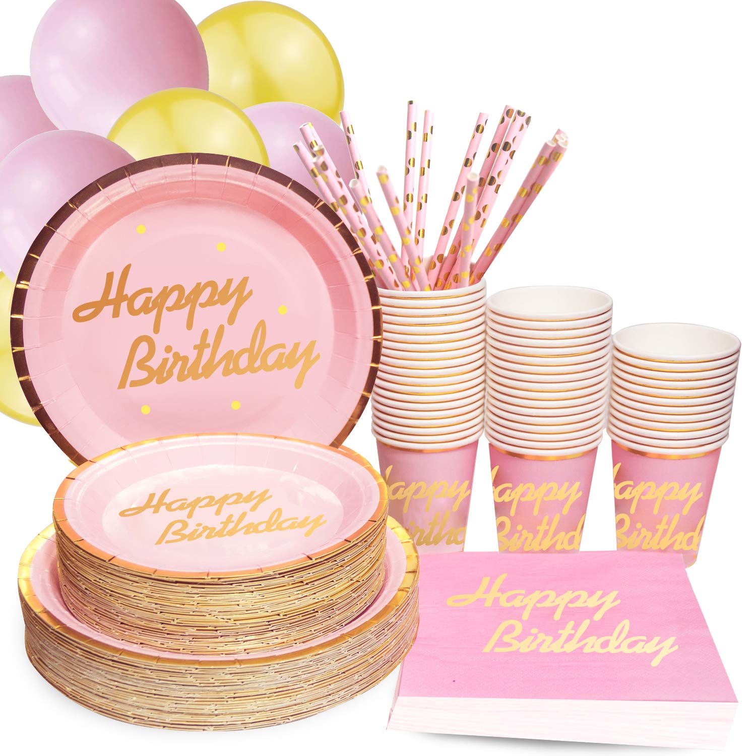 Pink Happy Birthday Party Supplies - 310 pcs Disposable Tableware Set for 50 Guests, Includes Foil Paper Plates & Napkins - Perfect for Birthday, Anniversary, Baby Shower & Bridal Shower Decorations
