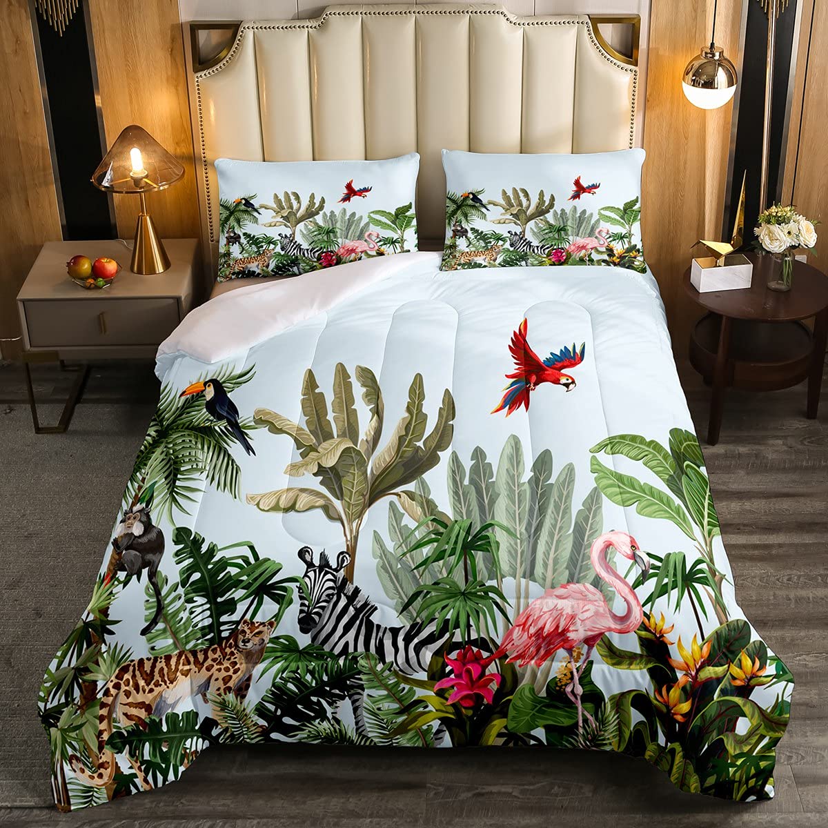 **Erosebridal Flamingo Comforter Set Twin Size - Tropical Palm Tree Bedding with Cheetah, Zebra & Parrot Print - Vibrant Green Plant Duvet Cover for Living Room & Bedroom Decor - Perfect for Beach, Boho, or Jungle Themed Spaces**
