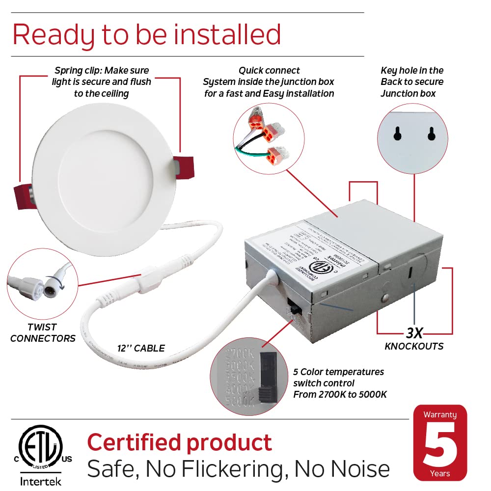 Nadair 24-Pack 4-Inch LED Ultra Slim Recessed Lights - 9W, 750 Lumens, 5CCT Color Selectable (2700K/3000K/3500K/4000K/5000K) with White & Black Trim - Dimmable, IC Rated, ETL Certified - Perfect for Living Room, Kitchen & Bedroom Lighting