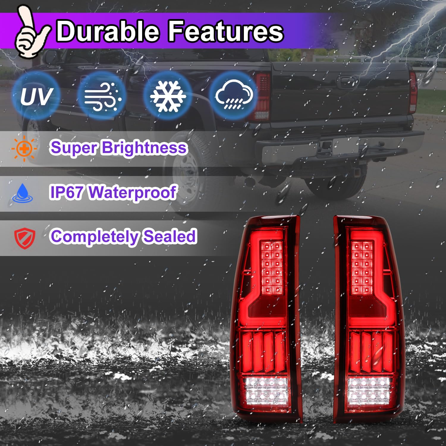 Nixon Offroad LED Tail Lights for Chevy Silverado 1500 2500 3500 1999-2006 & GMC Sierra 1500 2500 3500 1999-2002 - Chrome/Red Rear Lamps Assembly - Durable & Bright Replacement for Enhanced Night Visibility - Perfect for Off-Roading, Truck Upgrades & Night Driving