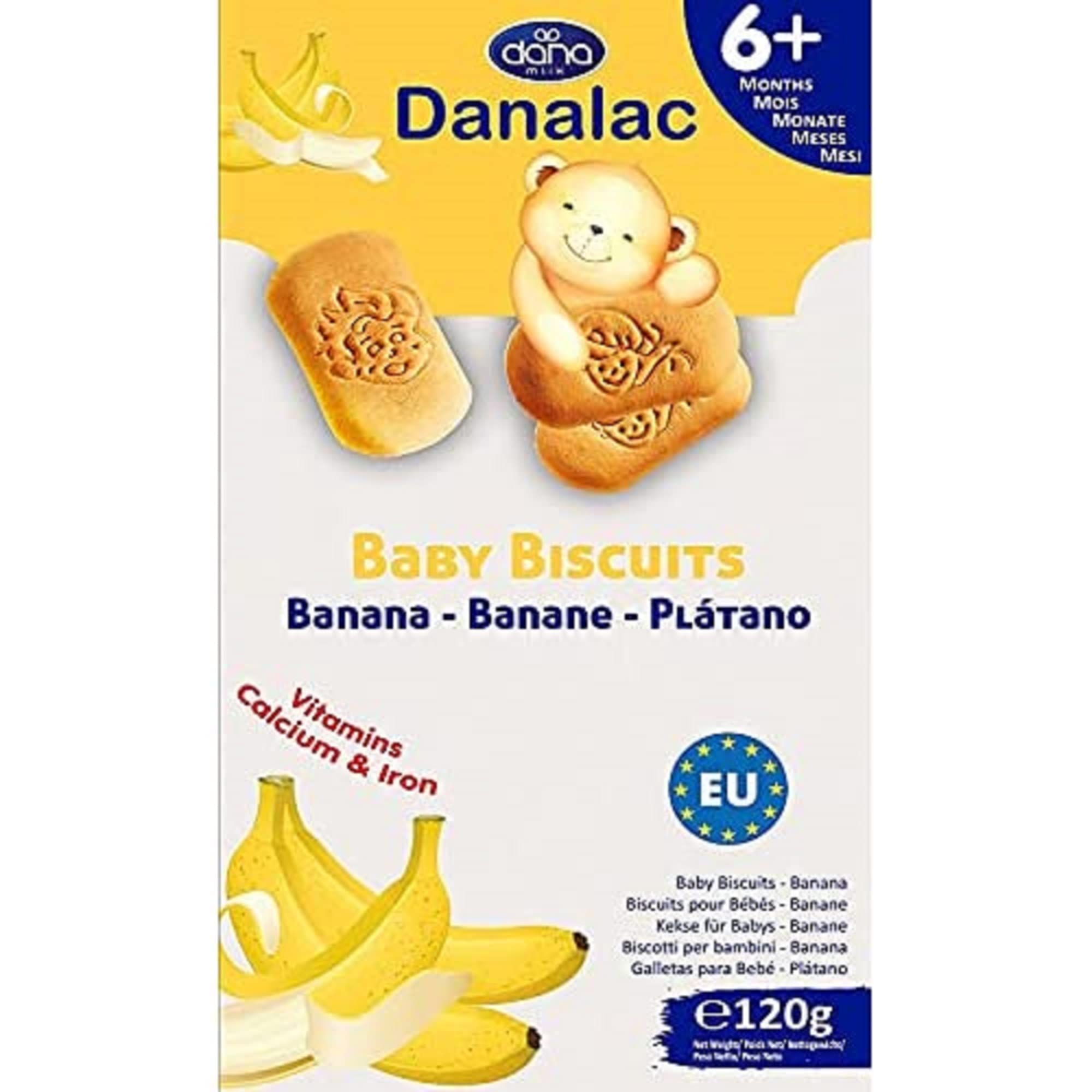 Danalac Banana Baby Biscuits for Toddlers 6+ Months - 120g Snack with Calcium, Iron & Vitamins - Healthy Teething Treat for Infants & On-the-Go Baby Food