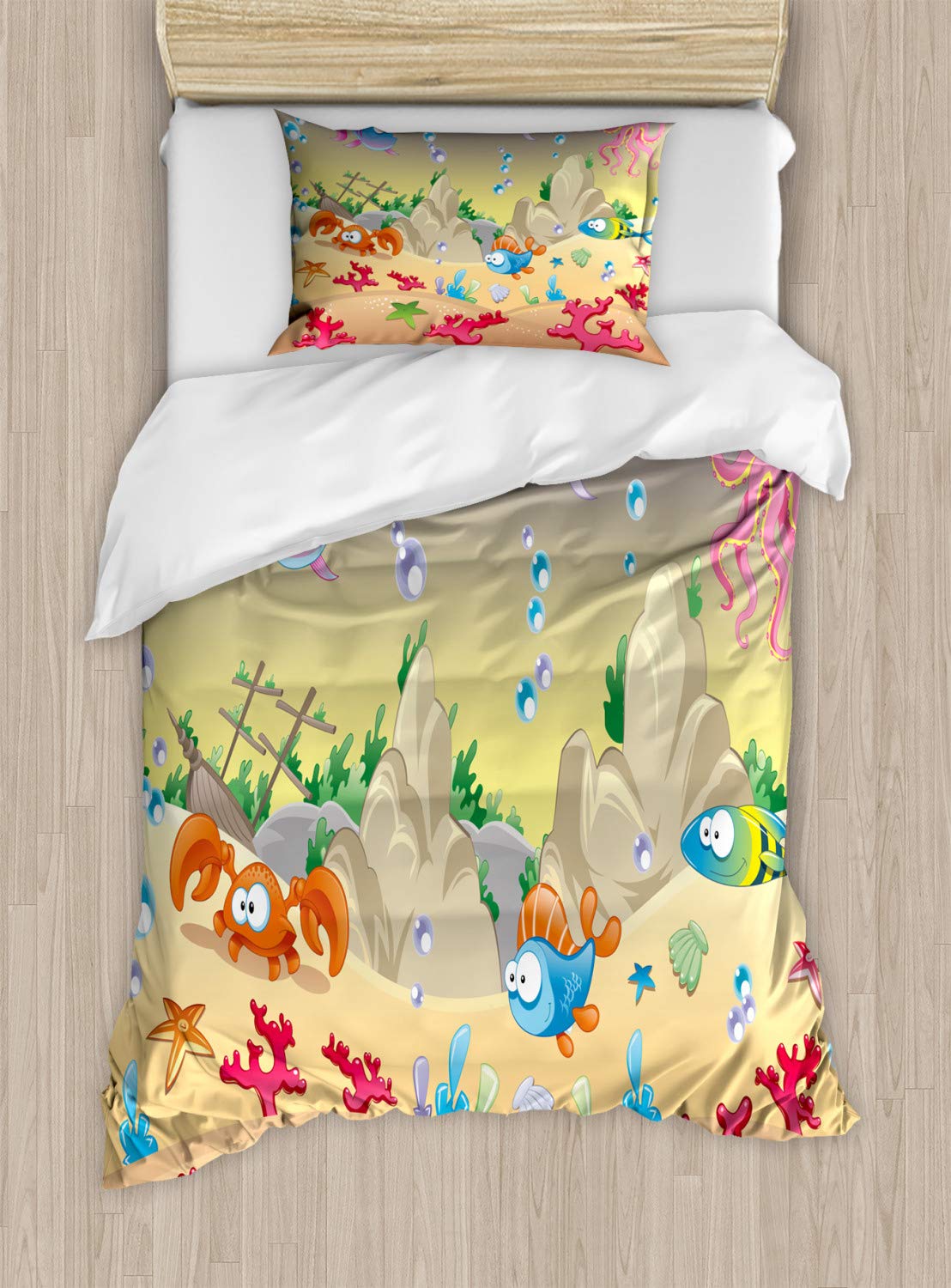 Ambesonne Underwater Duvet Cover Set - Cartoon Sea Animals, Fish, Sunken Ship & Coral Reef Design - 3 Piece Bedding Set with 2 Pillow Shams - Twin Size, Multicolor - Perfect for Kids' Rooms, Ocean-Themed Bedrooms & Nautical Decor