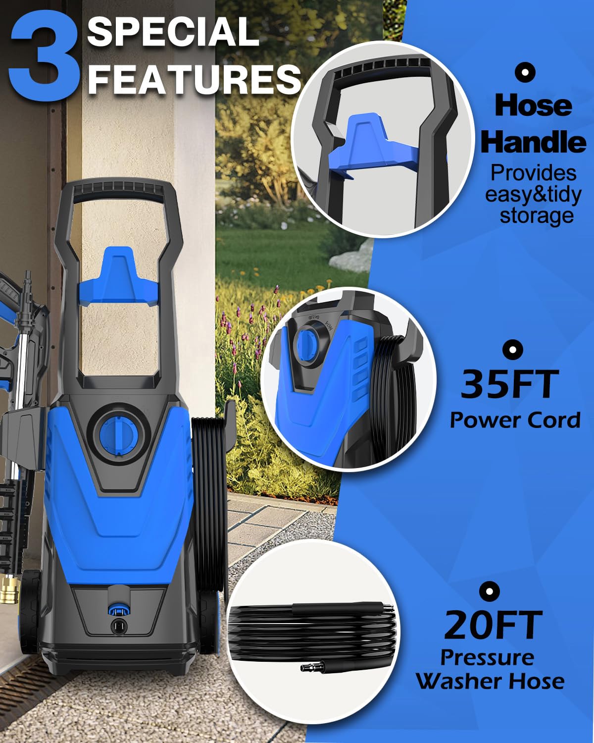 AgiiMan 4800PSI Electric Pressure Washer with Foam Cannon - 3.2GPM High Power Cleaner, 20FT Hose & 4 Nozzles - Perfect for Washing Cars, Cleaning Driveways, Patios, Fences & Outdoor Surfaces - Navy Blue Pressure Cleaning Machine for Home & Commercial Use