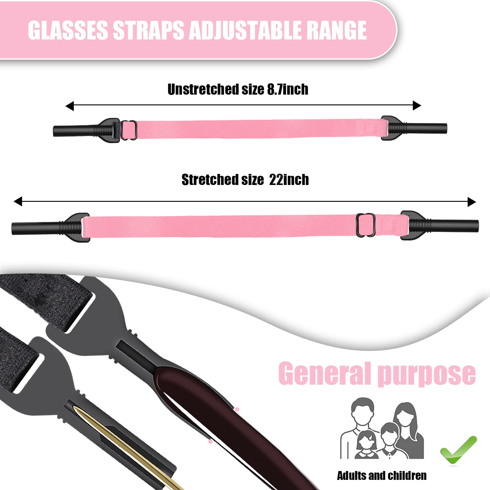 Adjustable Anti-Slip Eyeglasses Strap 5PCS - Sports Sunglasses Holder for Men, Women & Kids (8.7-22inch) - Black/Pink/Yellow/Purple/Red - Perfect for Running, Hiking, Swimming & Outdoor Activities