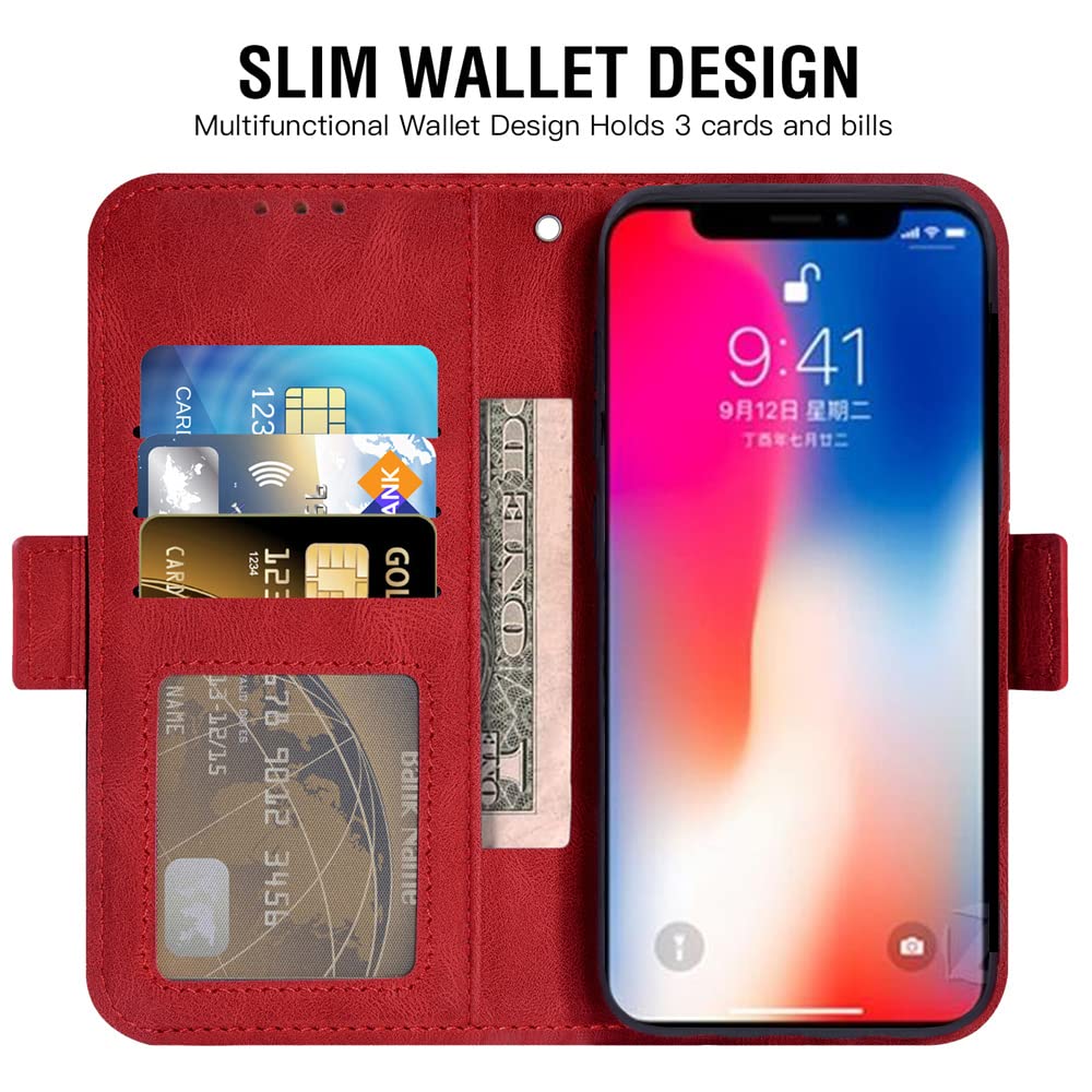 Premium Leather Wallet Case with Tempered Glass Screen Protector for iPhone X/Xs/10 - Credit Card Holder & Flip Cover (Red) | Stylish Protection for Daily Use, Travel & Business Meetings