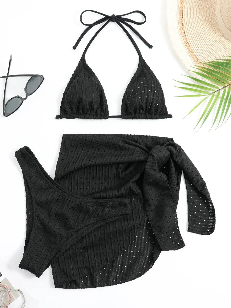 2023 New Women's 3-Piece Swimsuit Set - Sexy Thong Bikini with Sarong Skirt | White & Pink Beachwear for Pool, Vacation & Summer Fun