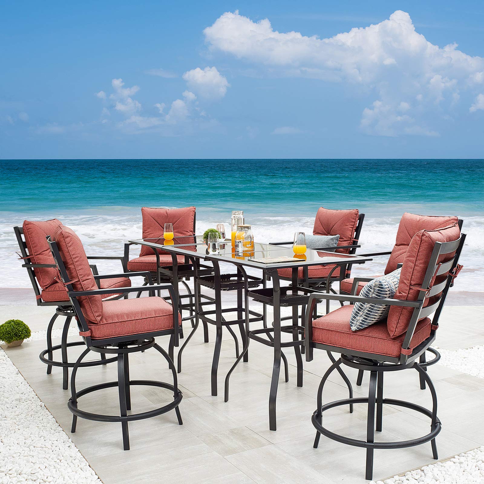 360° Swivel Bar Height Patio Bistro Set - 9-Piece All-Weather Metal Outdoor Dining Set with Cushioned Chairs & Table for Deck, Lawn, Garden (Red) - Perfect for Backyard BBQs, Poolside Lounging & Outdoor Entertaining