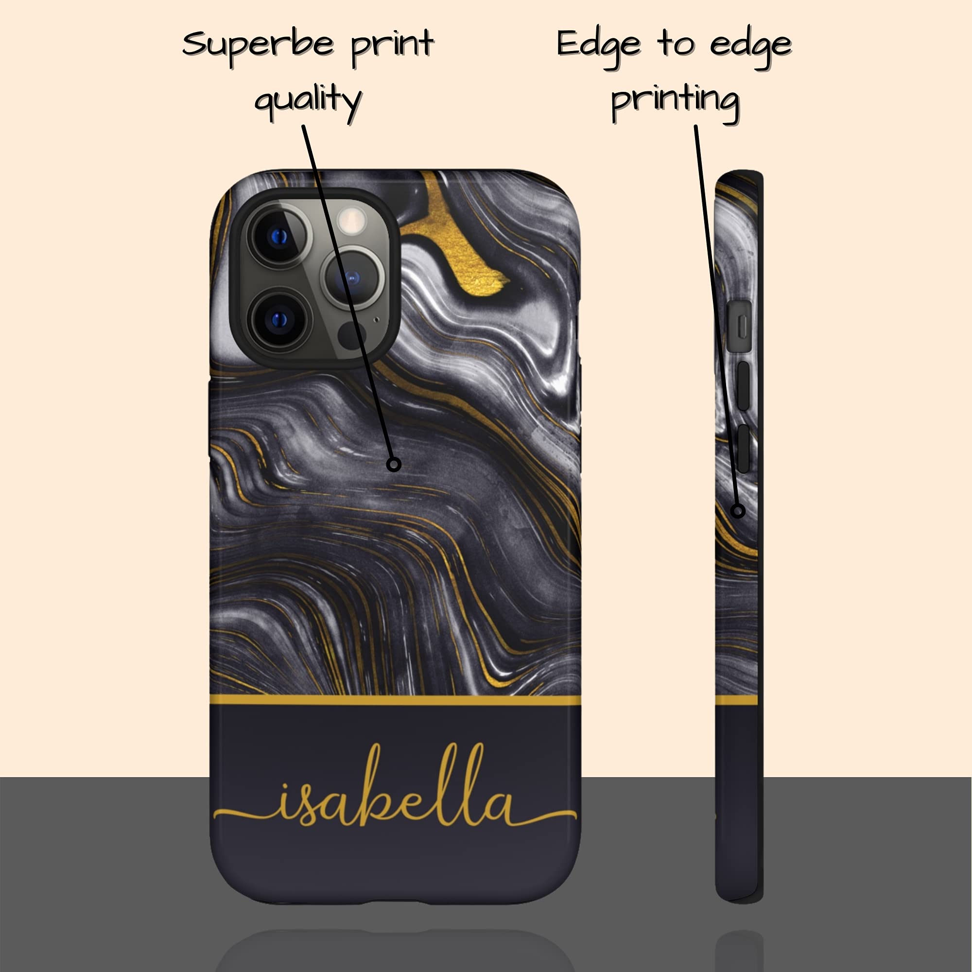 Custom Black & Gold Agate Marble Phone Case - Personalized Name Engraved - Compatible with iPhone 16 Plus/15 Pro Max/14/13 Mini/12/11/X/XS Max/XR/7/8 - Stylish Protection for Work, Travel & Everyday Use