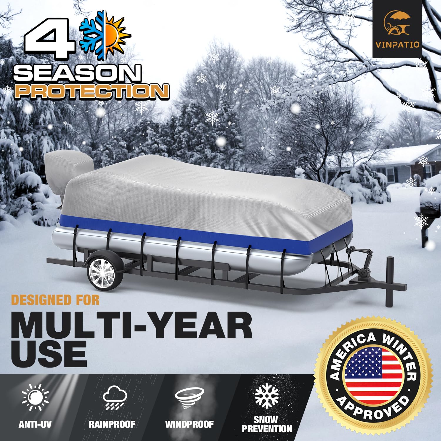 Heavy Duty 800D Marine Grade Waterproof Pontoon Boat Cover with Motor Cover - UV Resistant Solution-Dyed Polyester - Fits 25' to 28' Boats (Blue-Silver) - Perfect for Outdoor Storage & Dock Protection