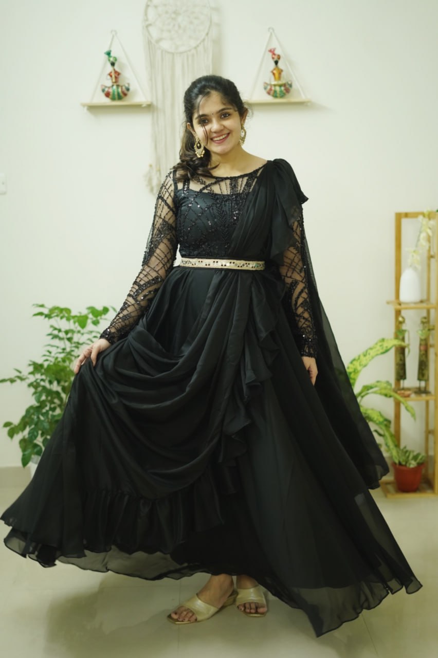 DD534 Black Rose Designer Ruffled Gown - Elegant Evening Dress for Prom, Wedding & Special Occasions