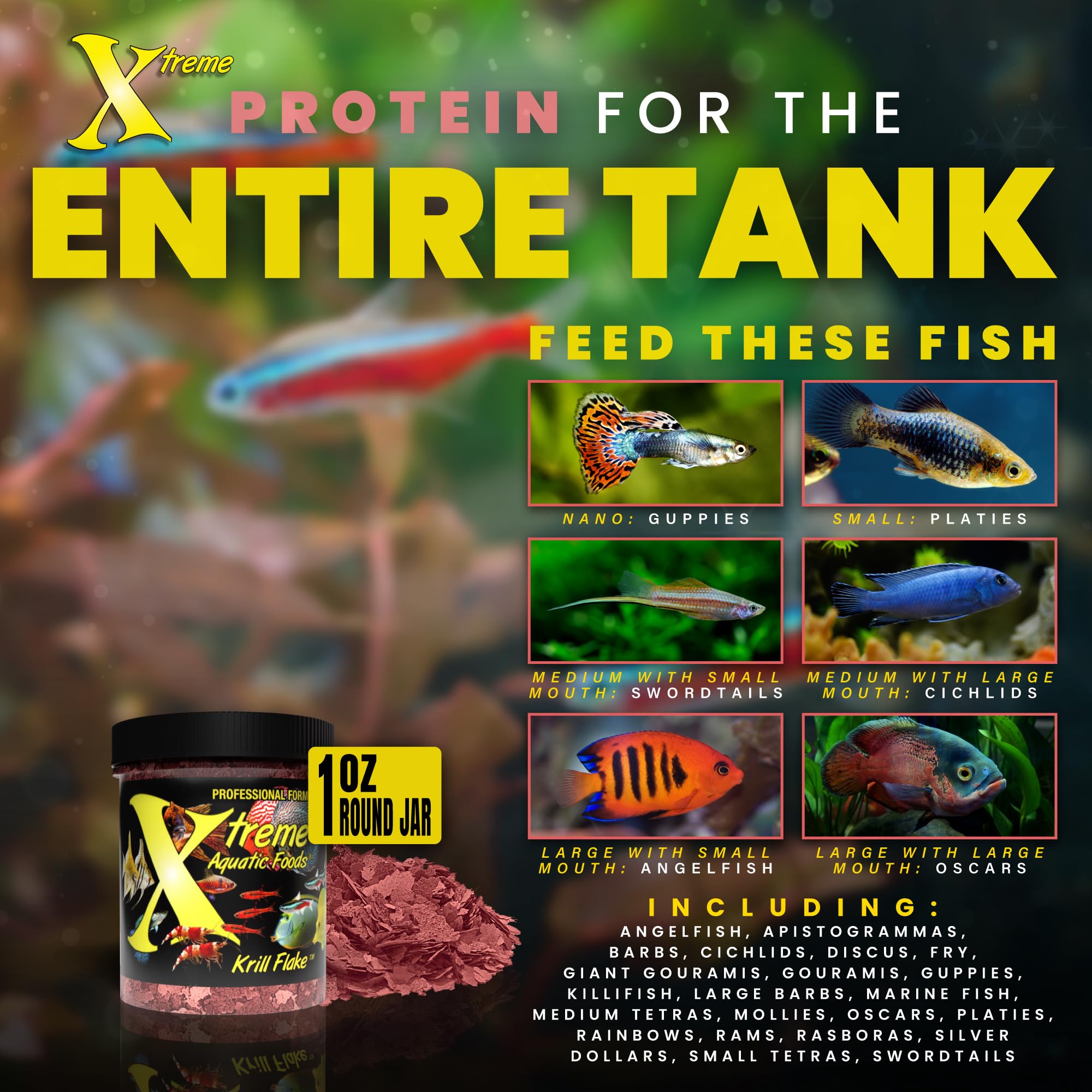 Xtreme Krill Flakes - Premium High Protein Freshwater Fish Food with 100% Krill & Shrimp, Rich in Vitamins for Immune & Digestive Health - Enhances Fish Color & Energy - USA Farm Grown (1oz) - Ideal for Tropical Fish, Goldfish, Betta & Community Aquariums